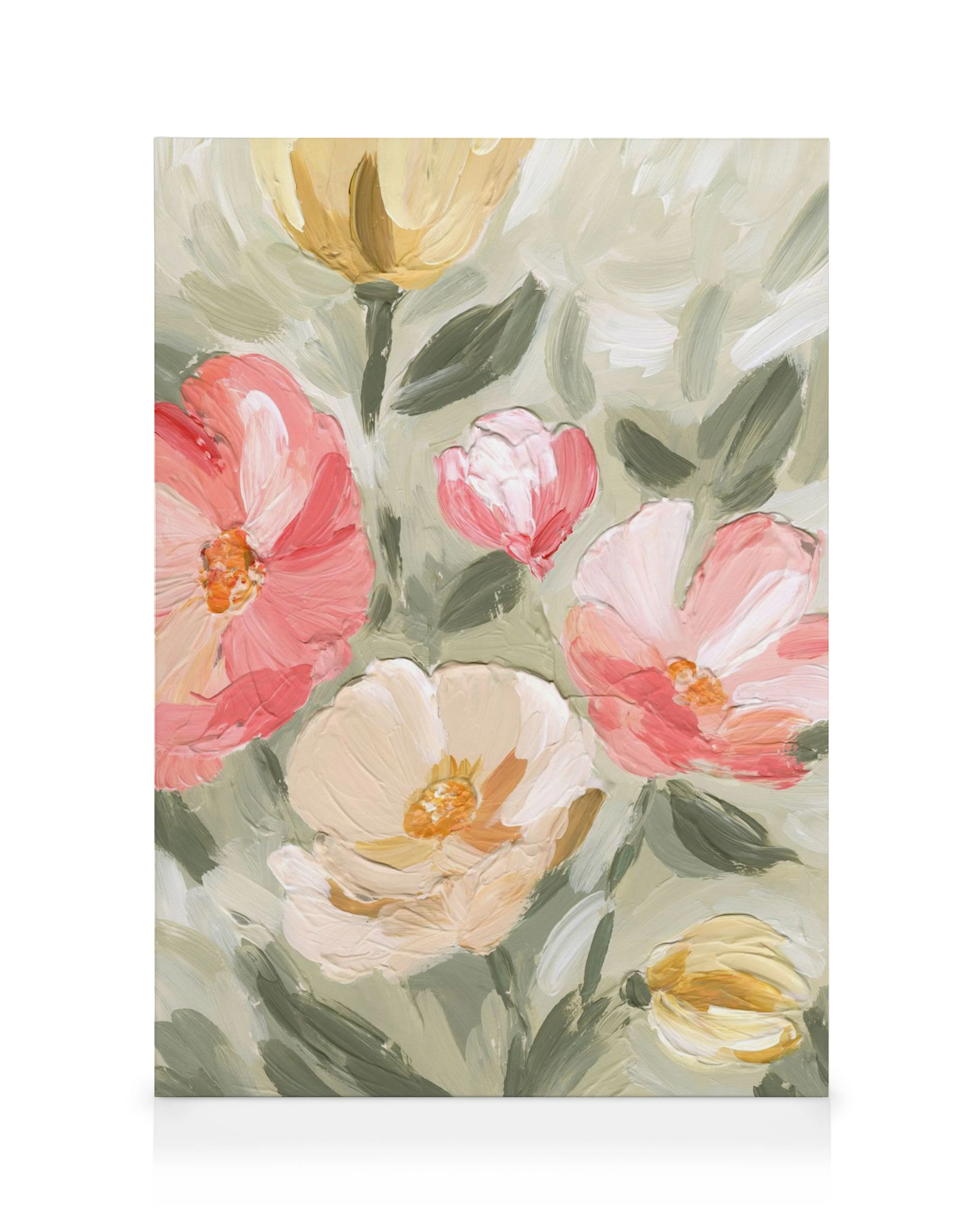 Tela floral pintada à mão com flores rosa e amarelas, folhas verdes e fundo verde-claro/branco, estilo pincelada.