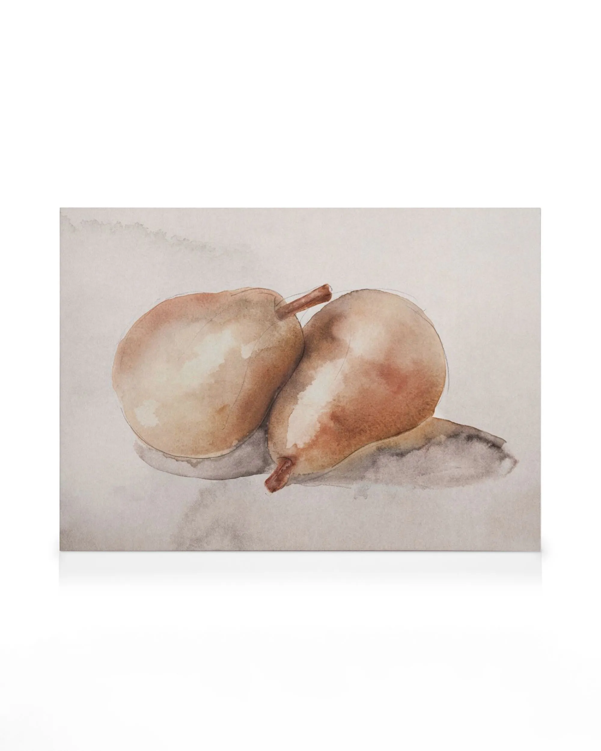 Óleo de peras en tonos tierra, una pera grande y una pequeña, sobre fondo beige, estilo artístico.