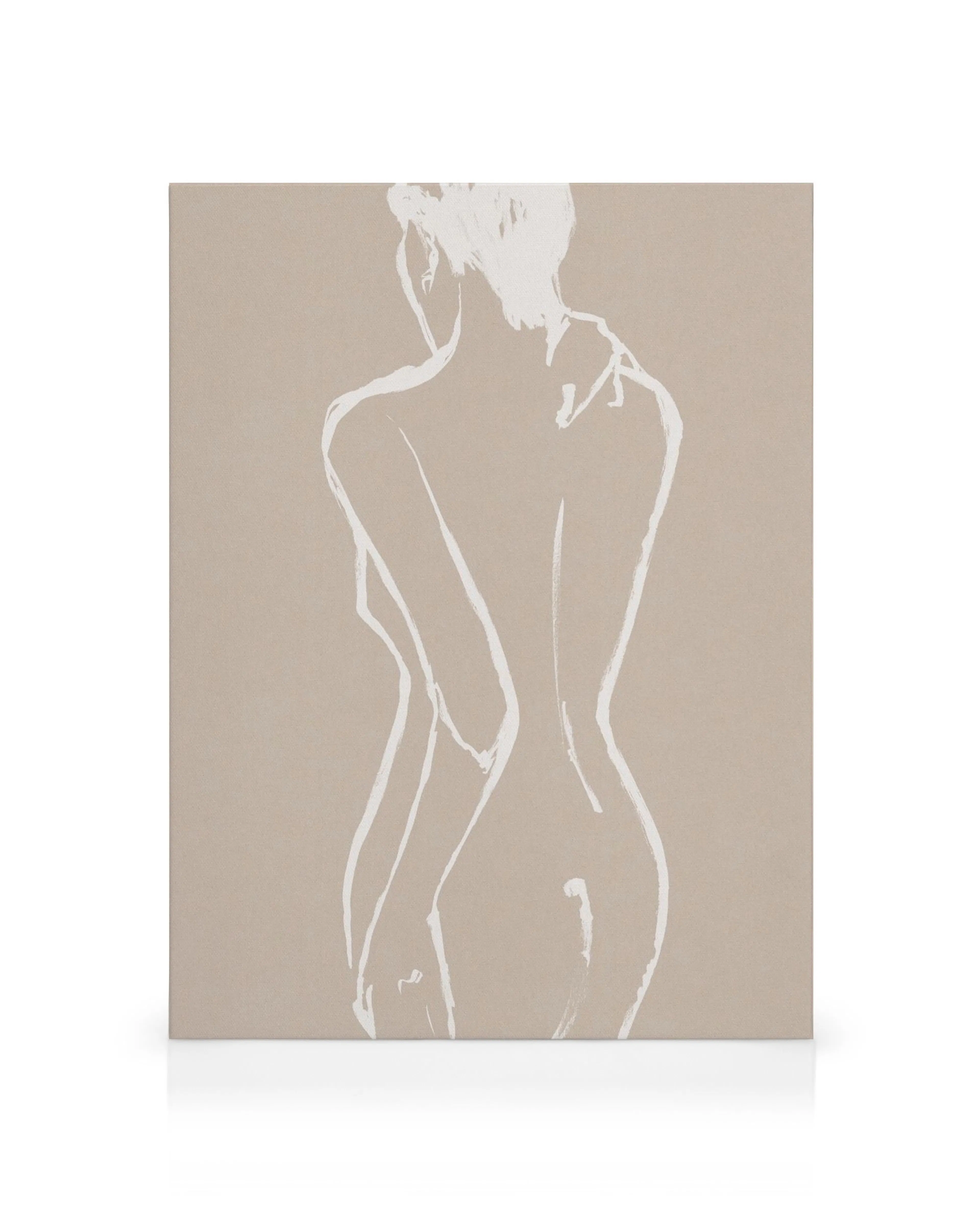 Figura femenina desnuda con pinceladas suaves sobre fondo beige texturizado, estilo clásico.