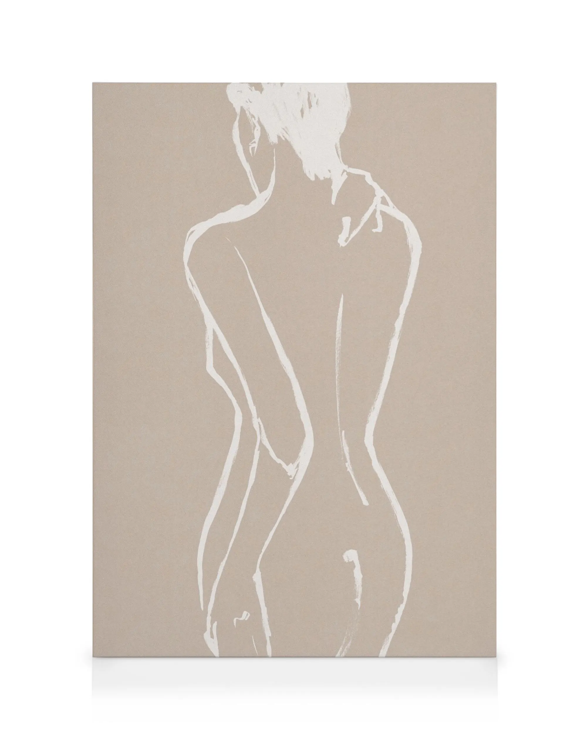 Figura femenina desnuda con pinceladas suaves sobre fondo beige texturizado, estilo clásico.