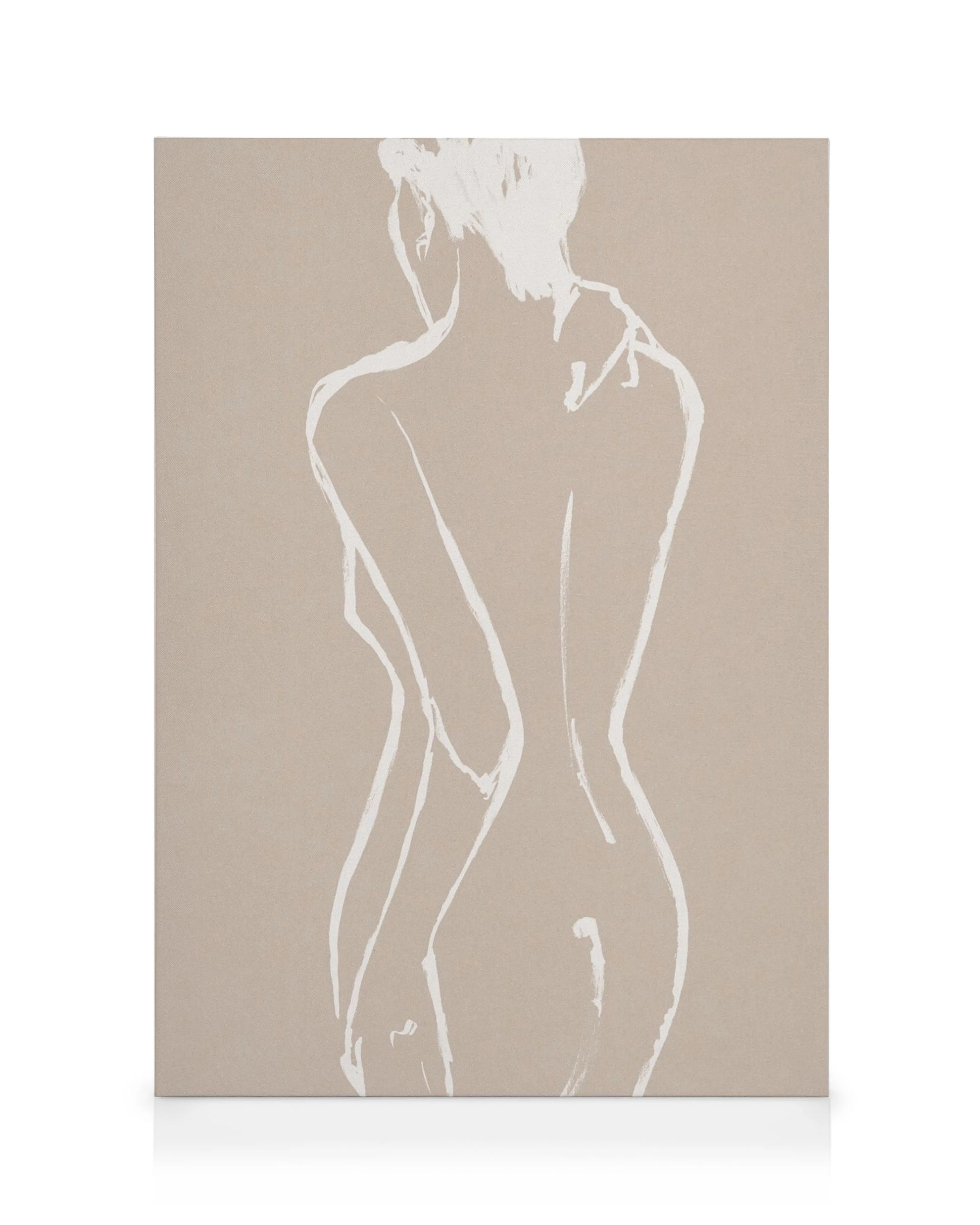 Figura femenina desnuda con pinceladas suaves sobre fondo beige texturizado, estilo clásico.