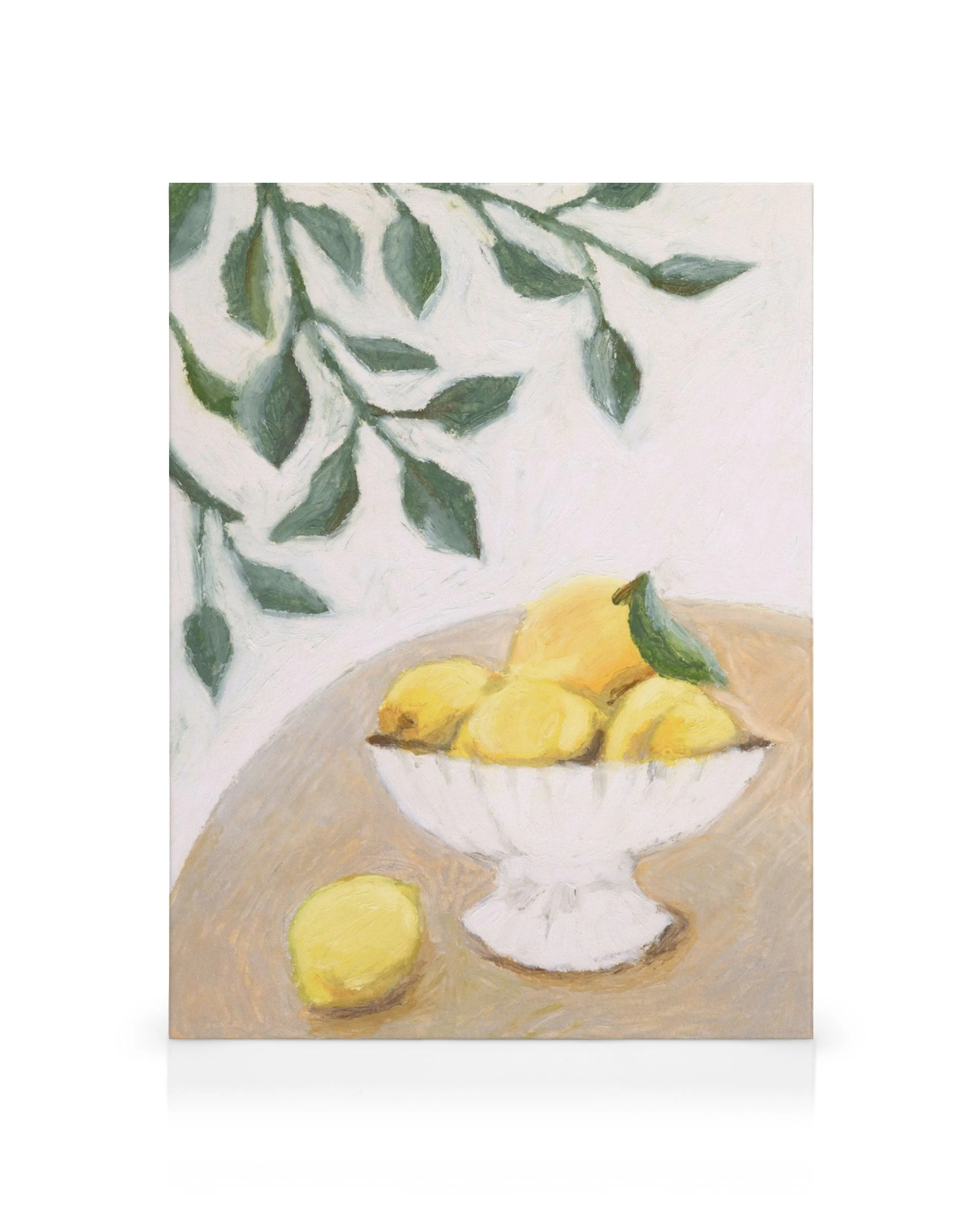 Vibrant canvas print of a bowl of citrus fruits, showcasing lemons, oranges, and limes on a flat surface.