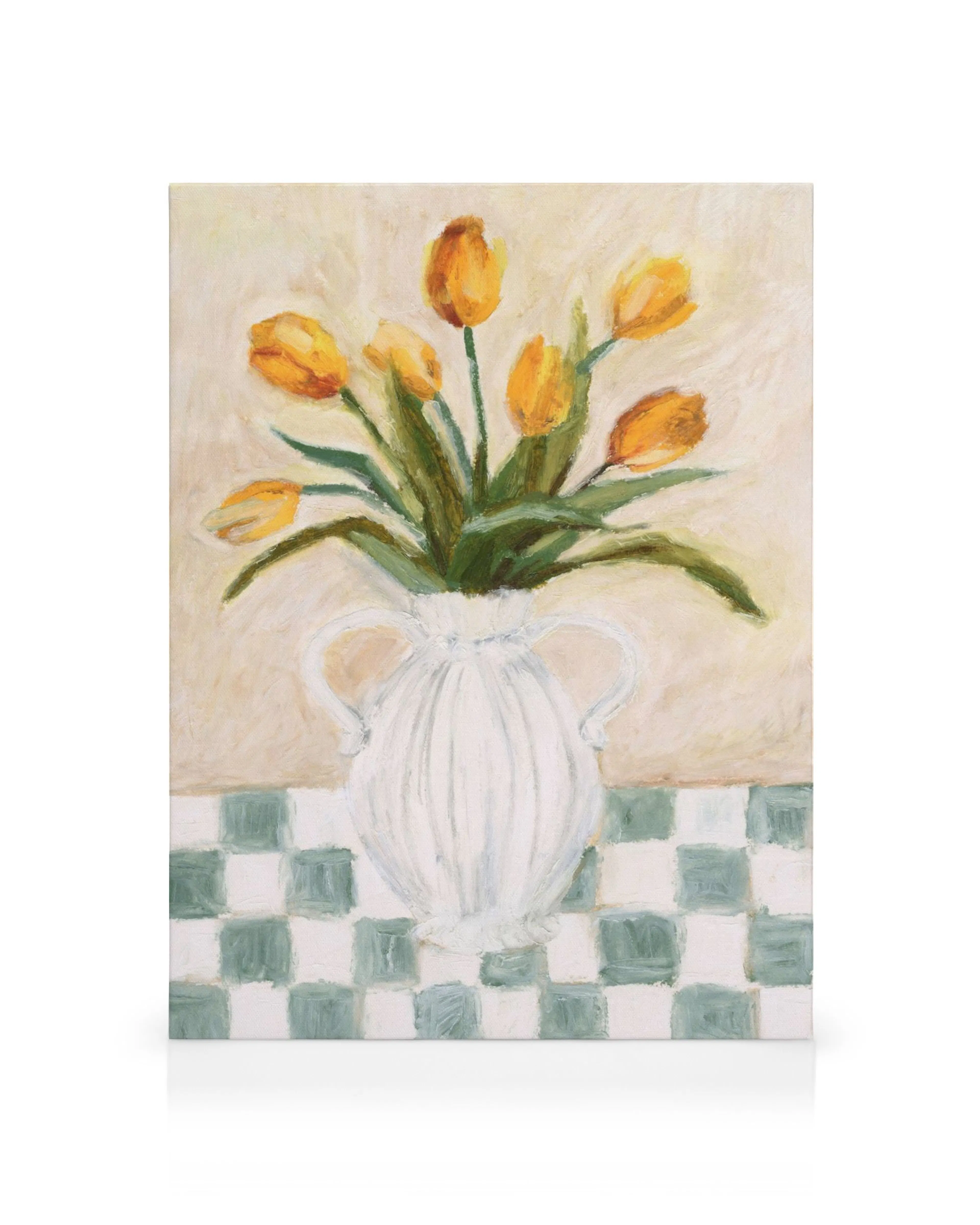 Vibrant oil painting of red, yellow, and orange tulips in a glass vase, a classic still life canvas print