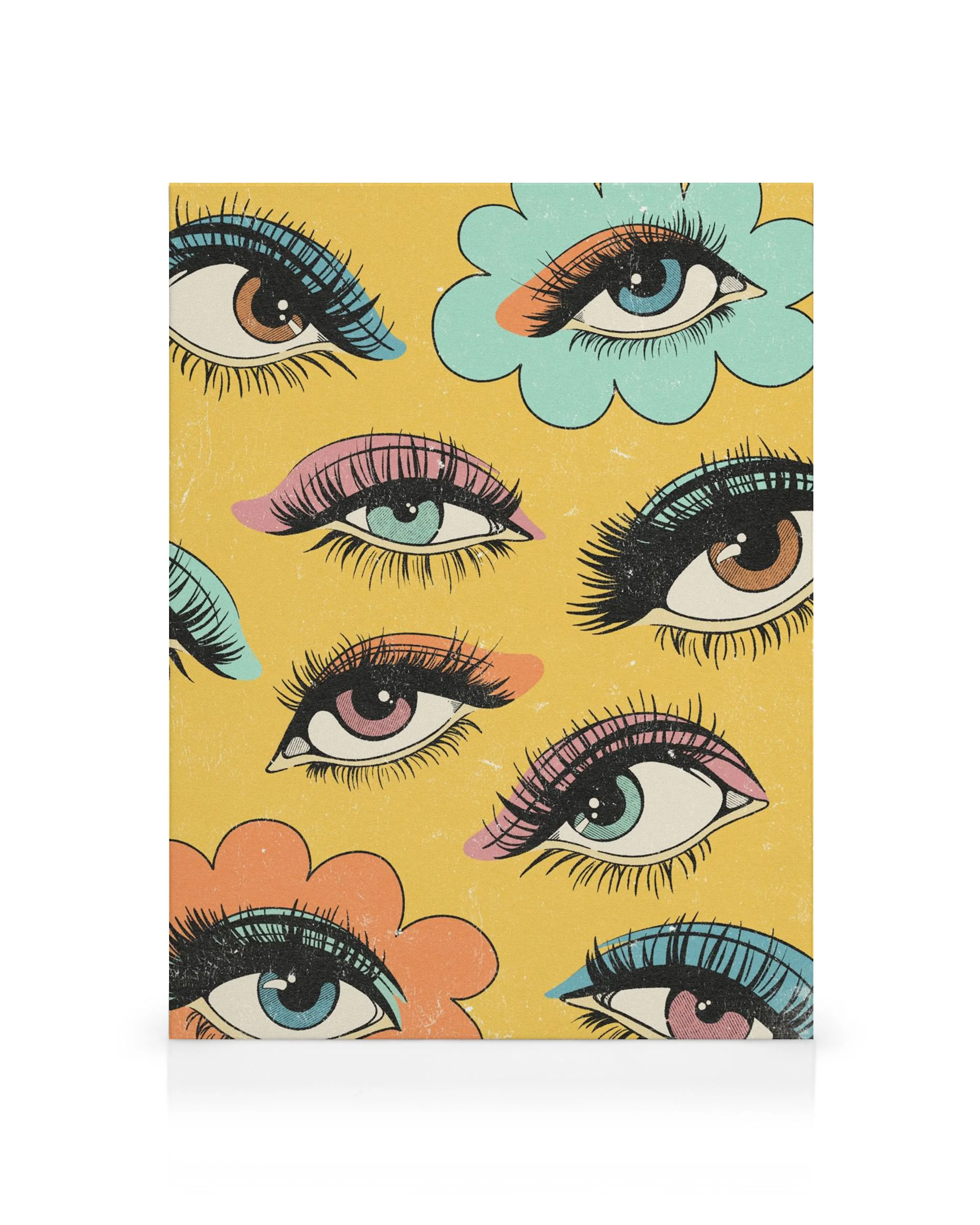 Yellow and purple illustration of a womans captivating face, a striking canvas print for modern decor.