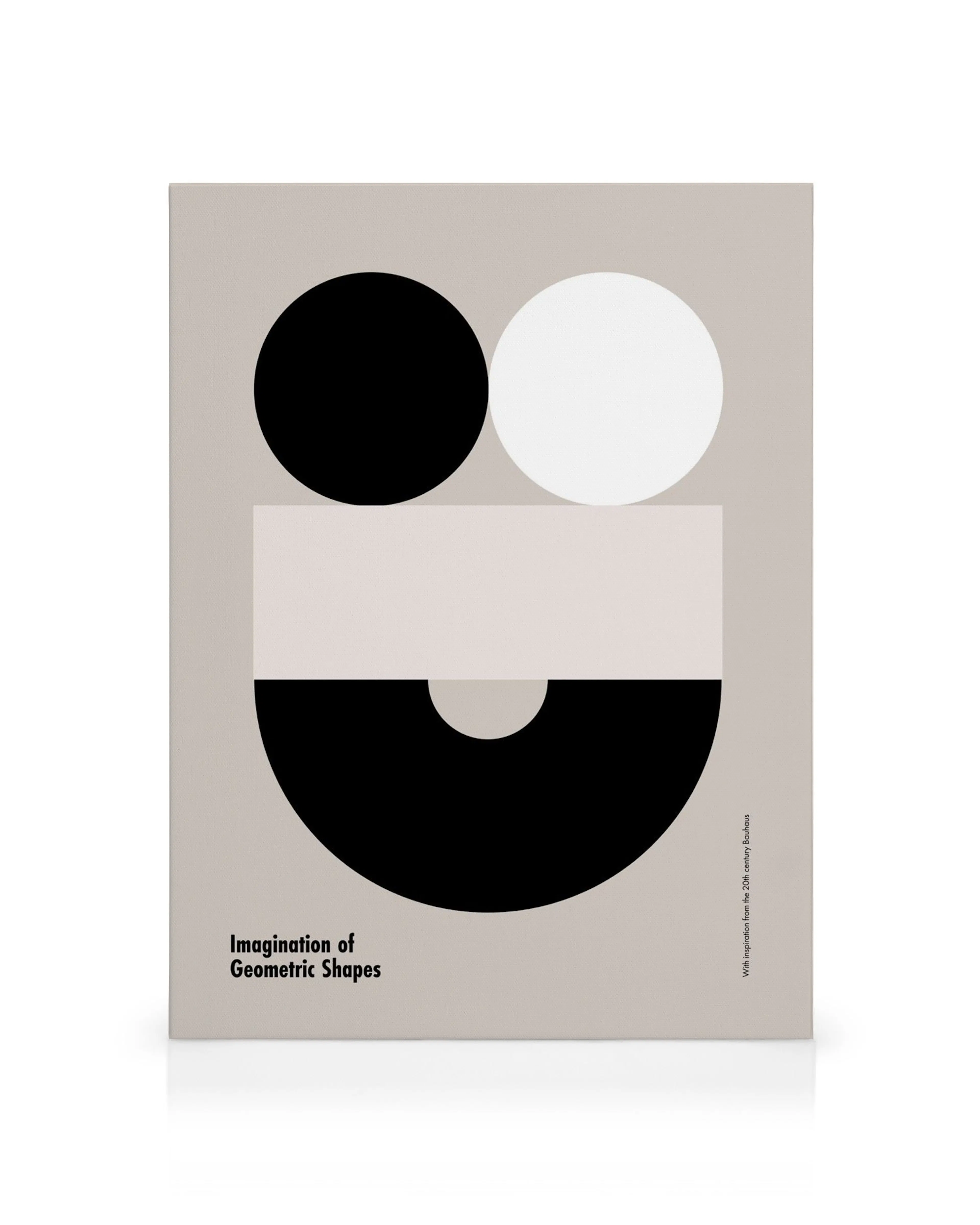 Beige canvas print with black and white geometric shapes, including circles, a rectangle, and a half-circle.