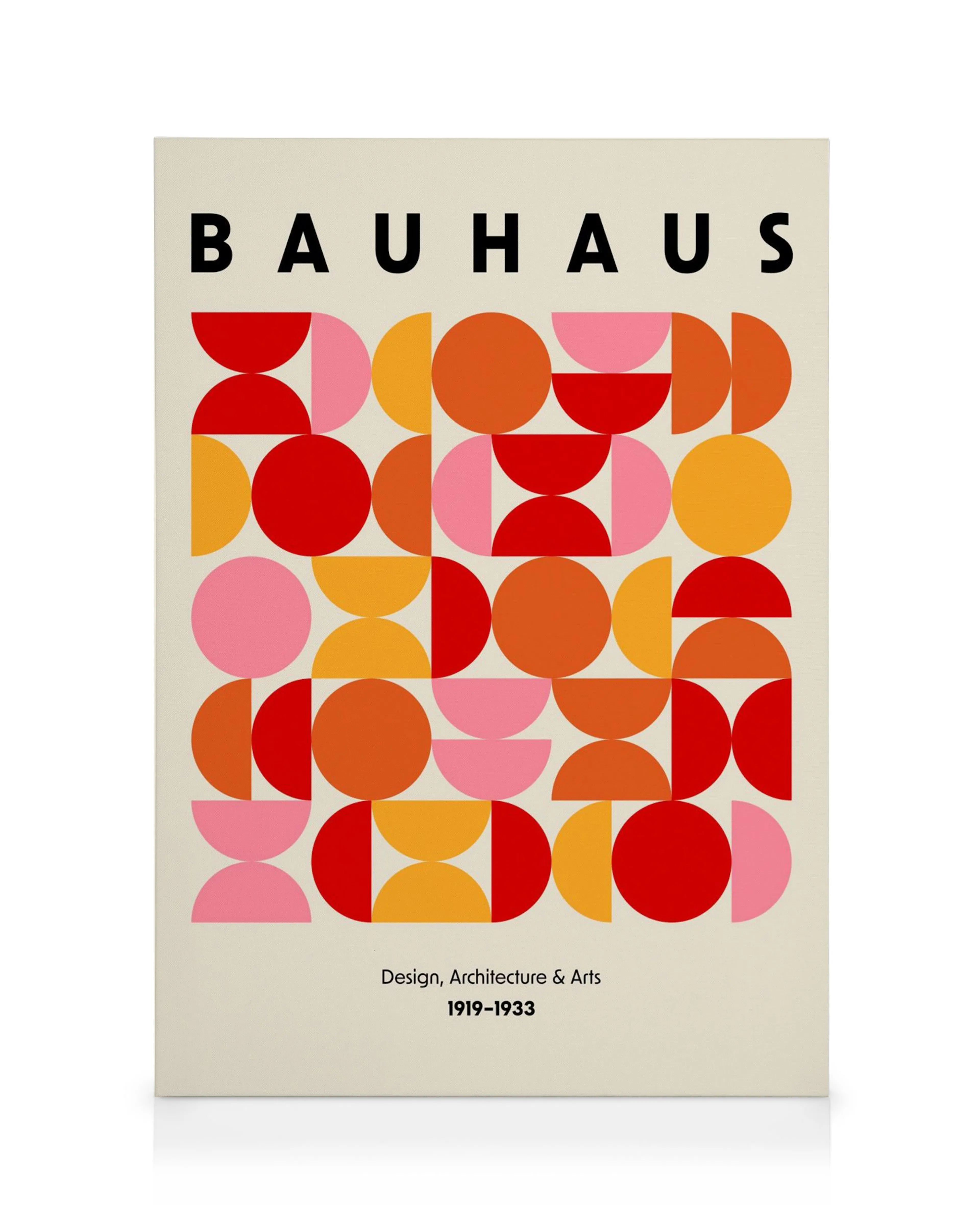 Toile Bauhaus avec cercles rouges, roses, orange, jaunes sur fond beige, texte typographie Bauhaus