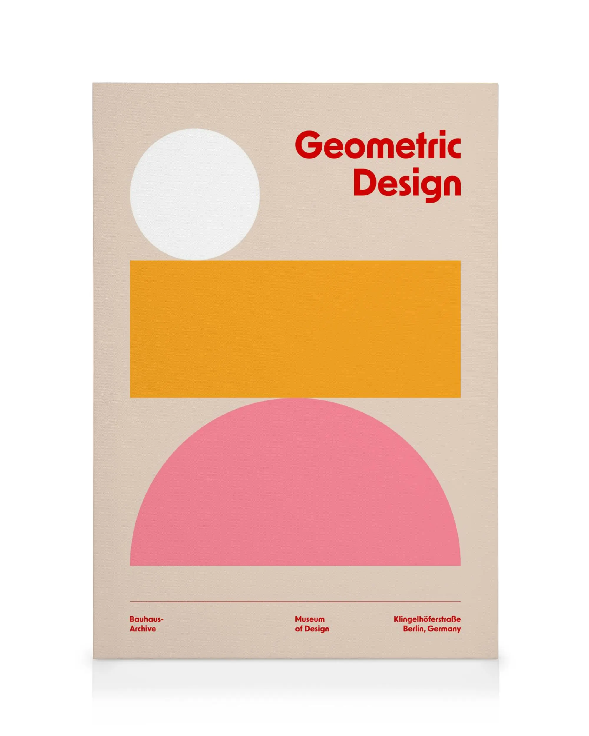 Obraz na płótnie z pomarańczowym prostokątem, różowym półkolem, białym kołem na beżowym tle, napis Geometric Design