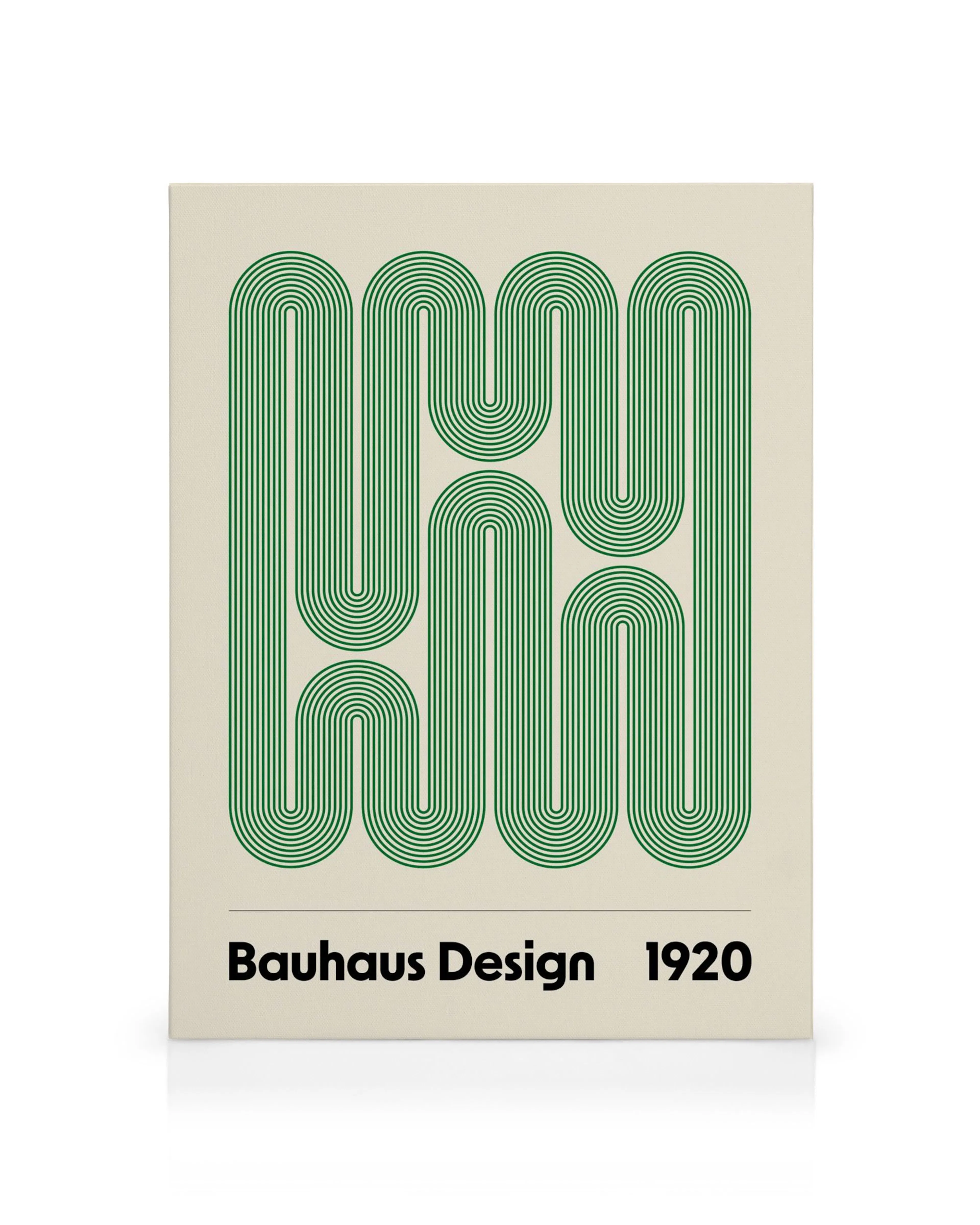 Toile Bauhaus avec motif de tourbillons verts. La typographie noire indique Bauhaus Design 1920 en bas.