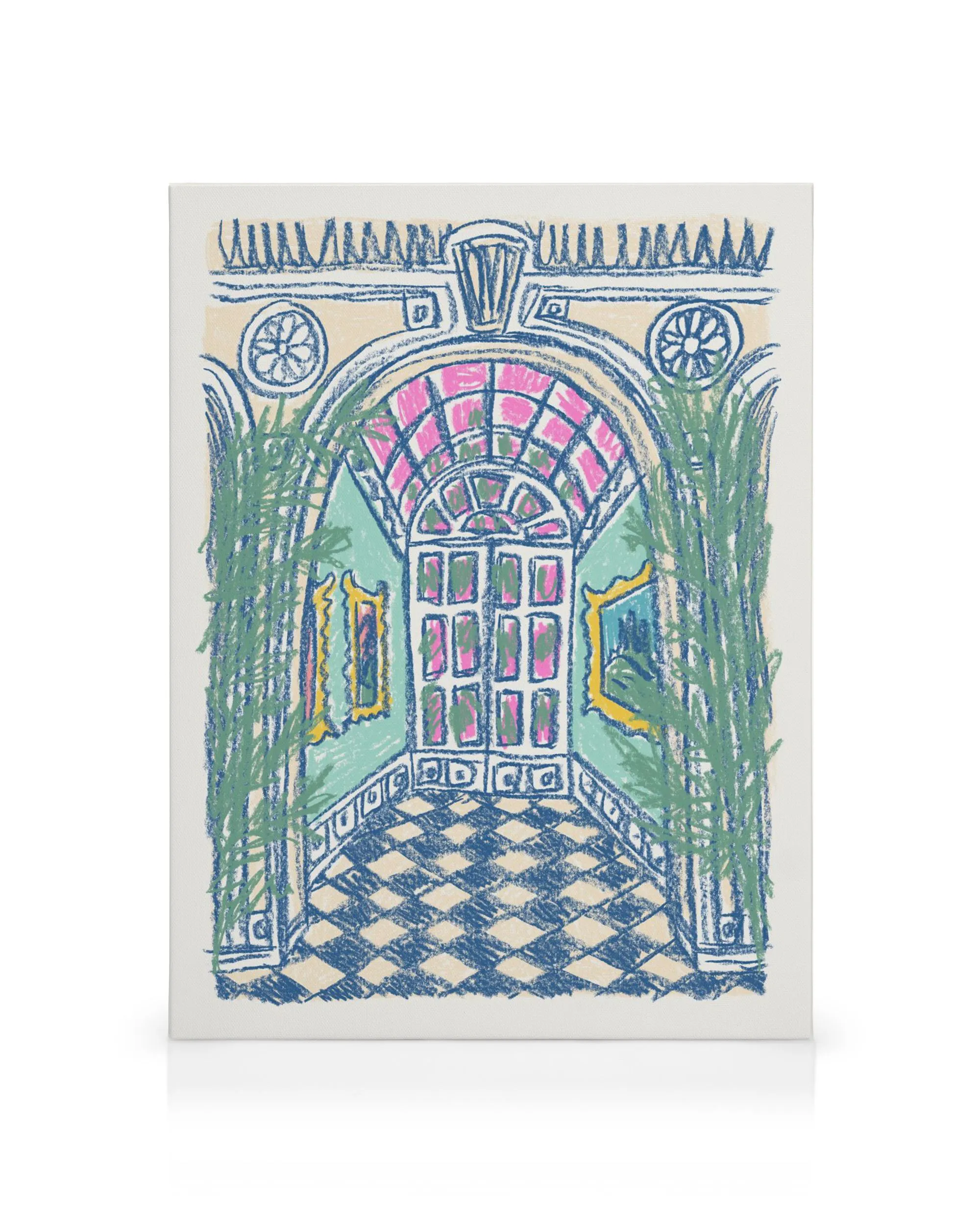 Pastel drawing of a grand palace hallway with checkered floor, vibrant pink archway, and green foliage