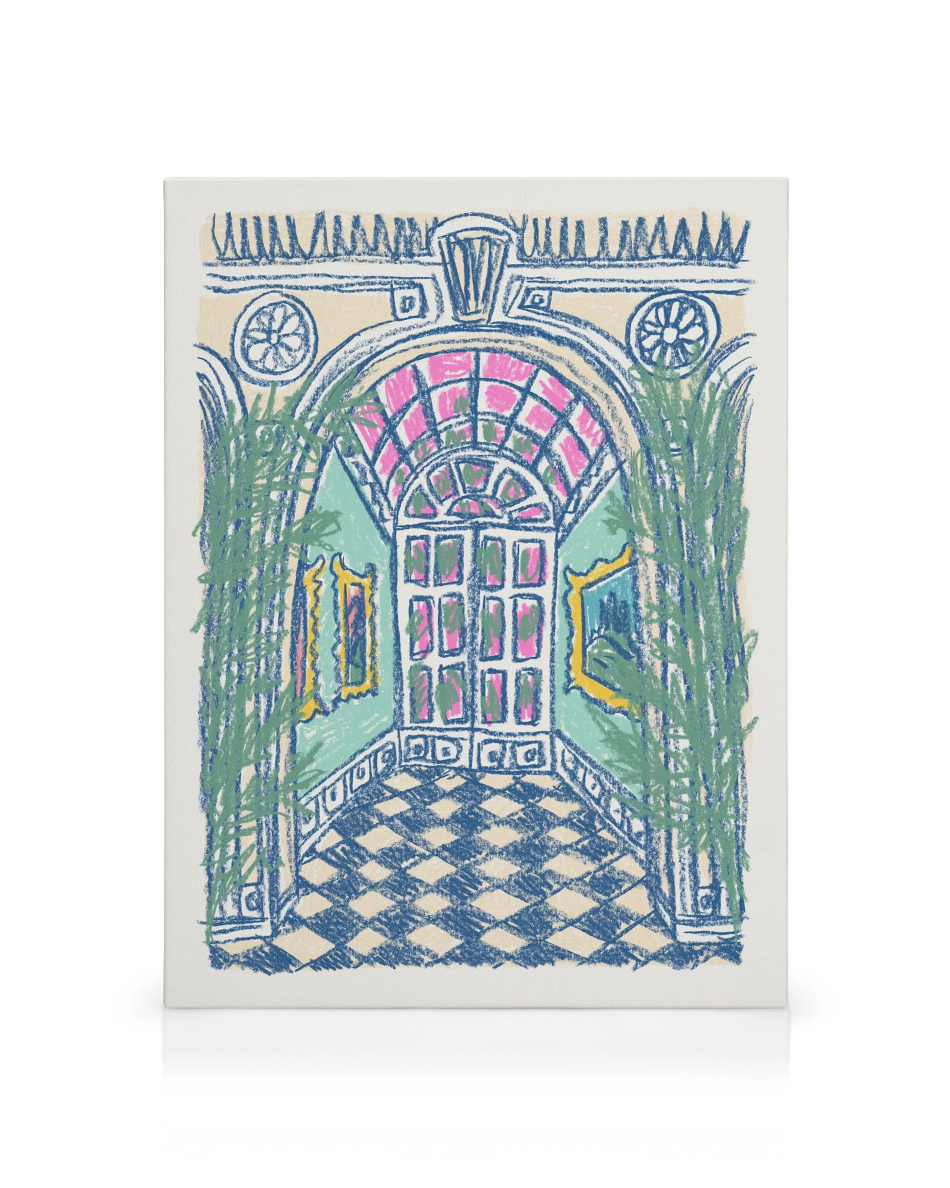 Disegno colorato di un ingresso con arco, finestre, piante e pavimento a scacchiera. Stampa su tela Grand Palace Hallway.