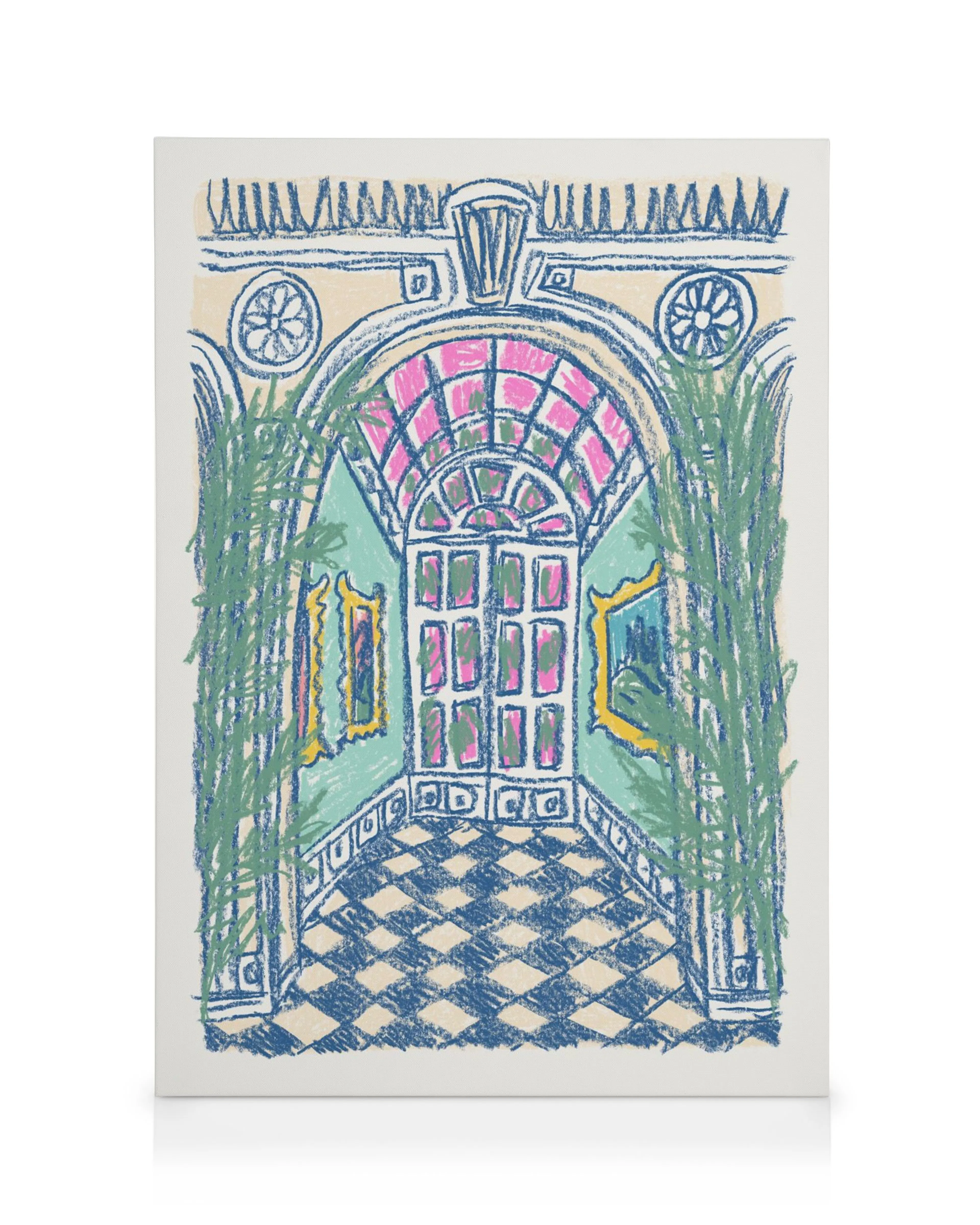 Sketched canvas print of a vibrant hallway with pink arched doorway, windows, plants, and checkerboard floor.