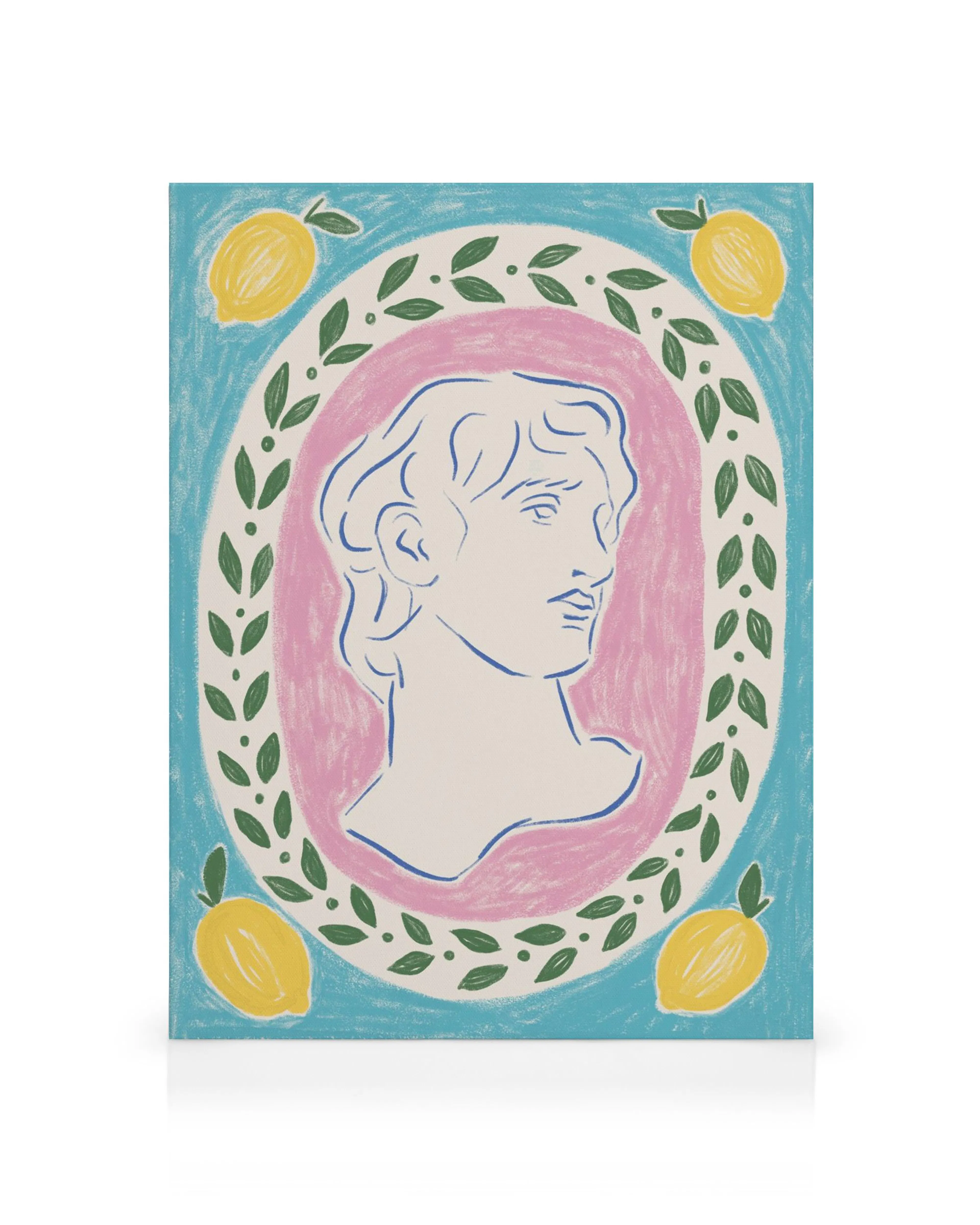Canvas met klassiek standbeeldportret in roze ovaal, omringd door groene bladeren en gele citroenen op blauwe achtergrond.