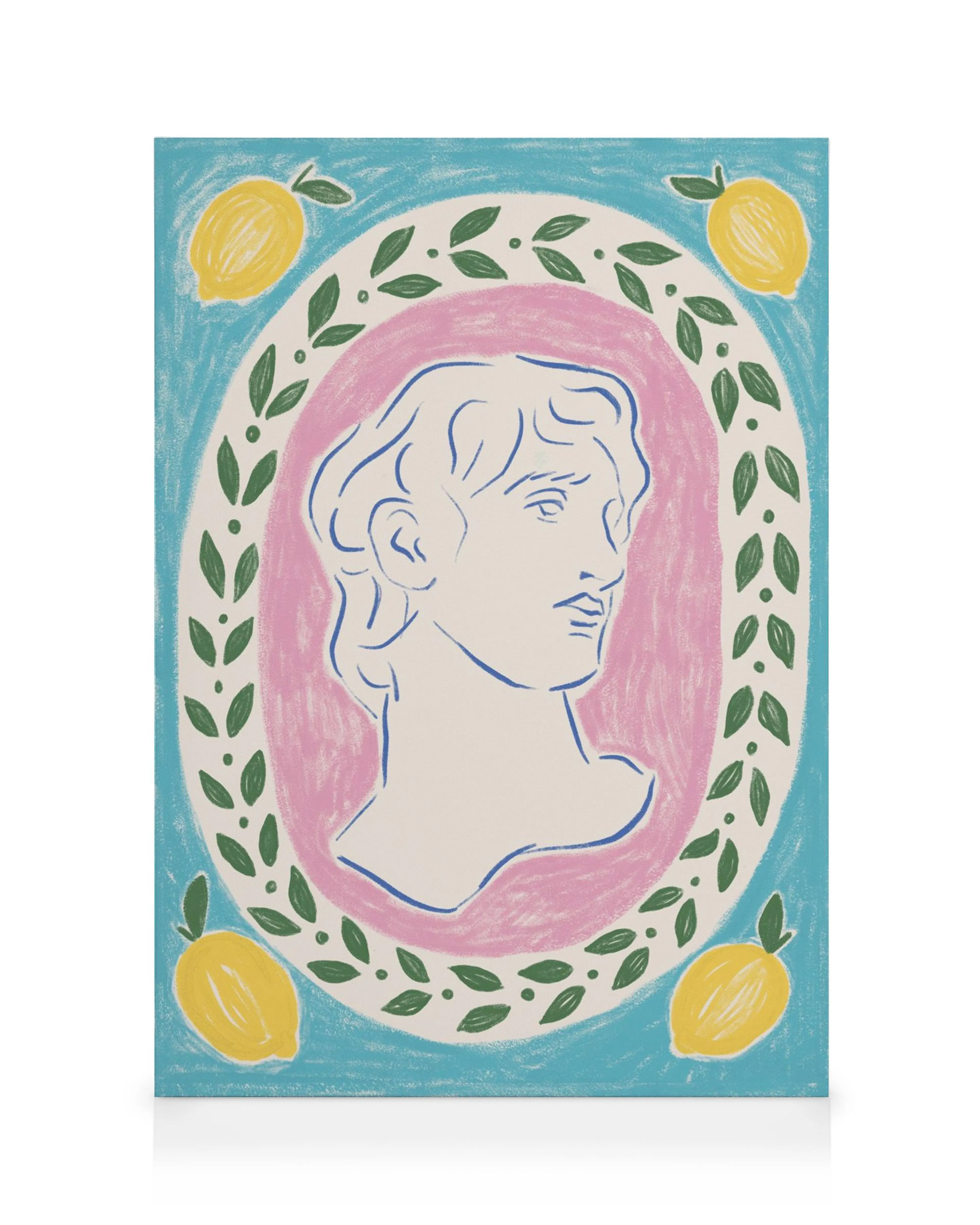 Retrato de busto de estatua clásica enmarcado en óvalo rosa, rodeado de hojas verdes y limones amarillos sobre fondo azul. Arte 