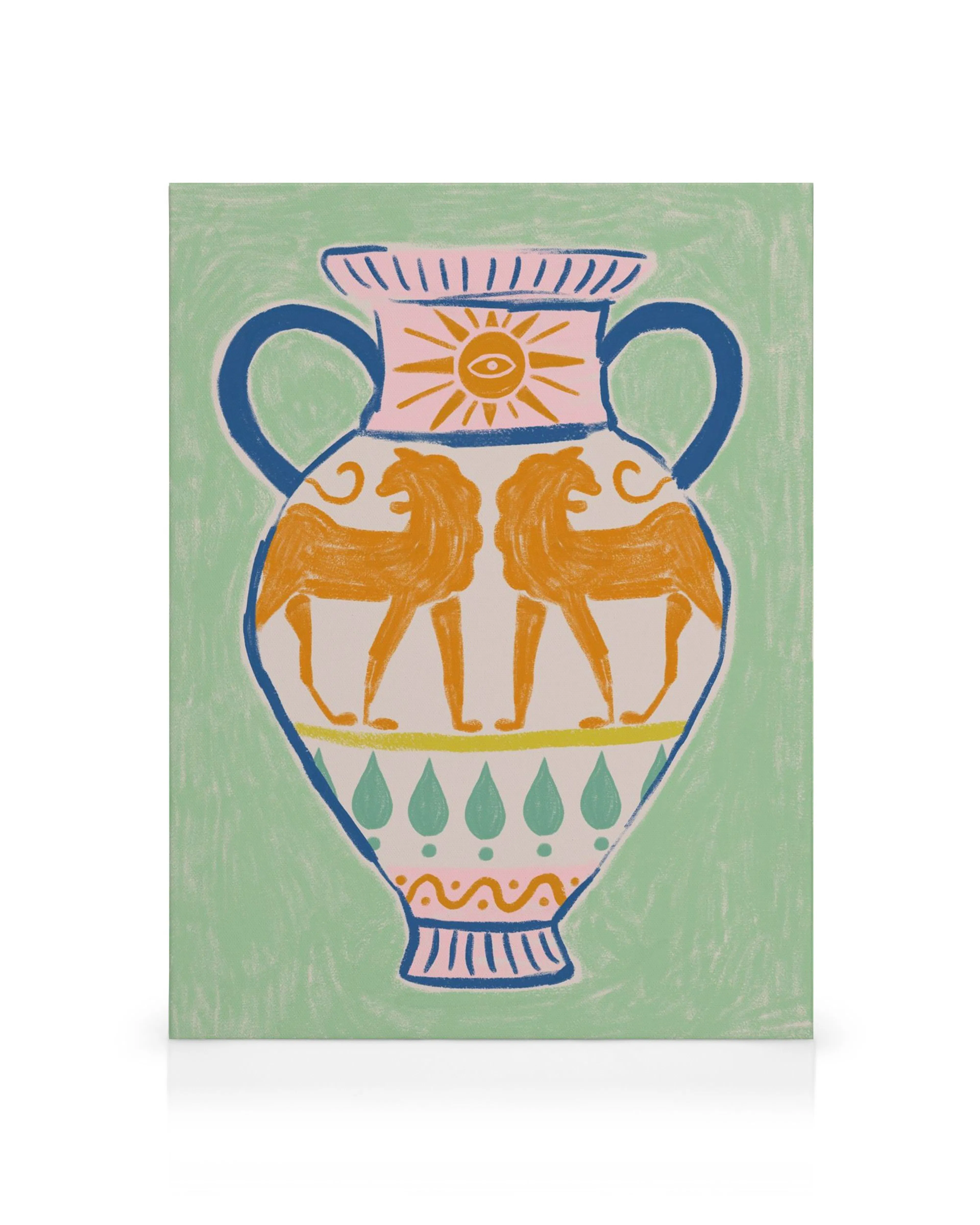Colourful antique vase and horses canvas print with sun pattern and teardrop shapes on green background.