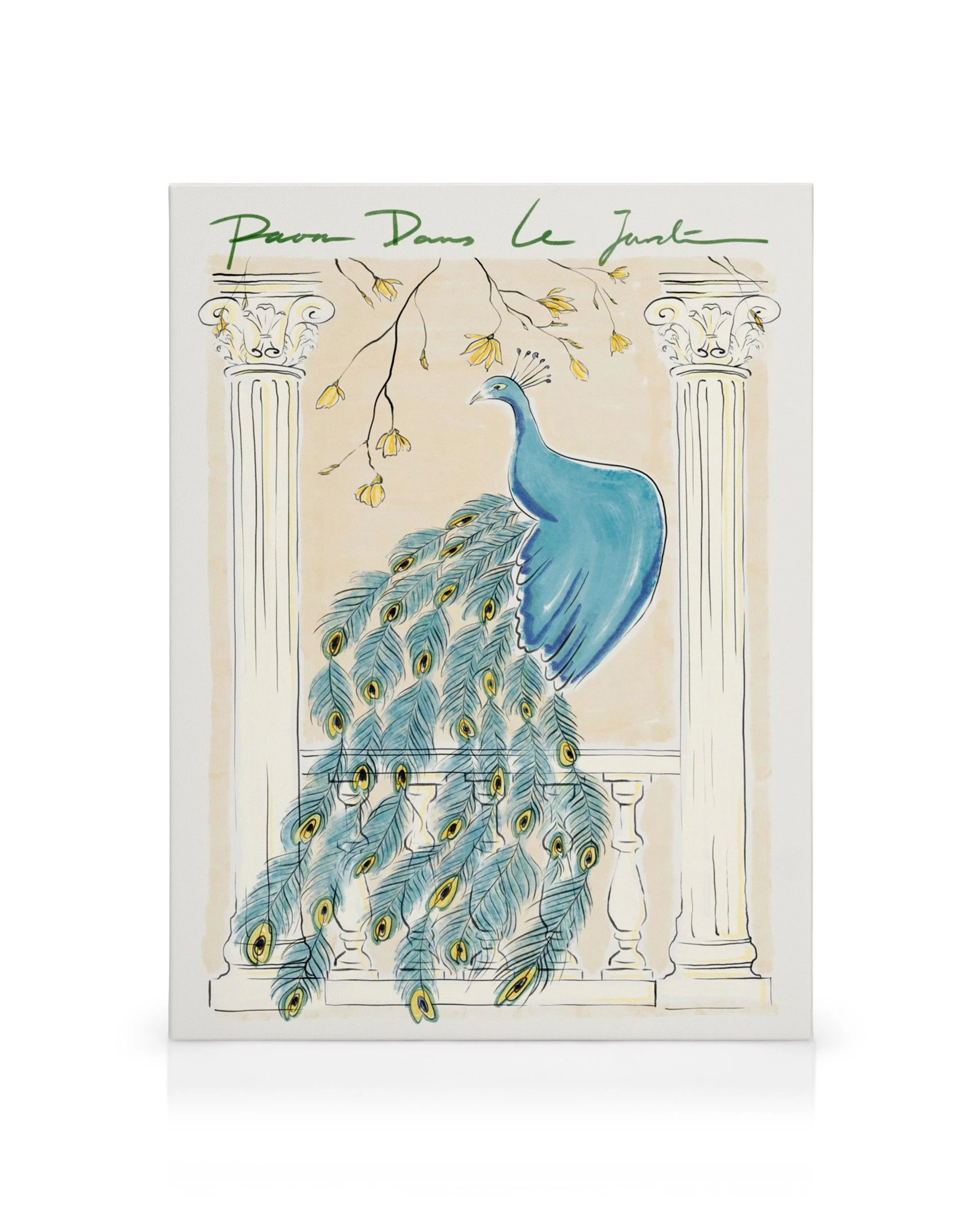 Toile dun paon bleu sur un balcon, sa queue à plumes dans un jardin avec des colonnes et une typographie Paon Dans Le Jardin.