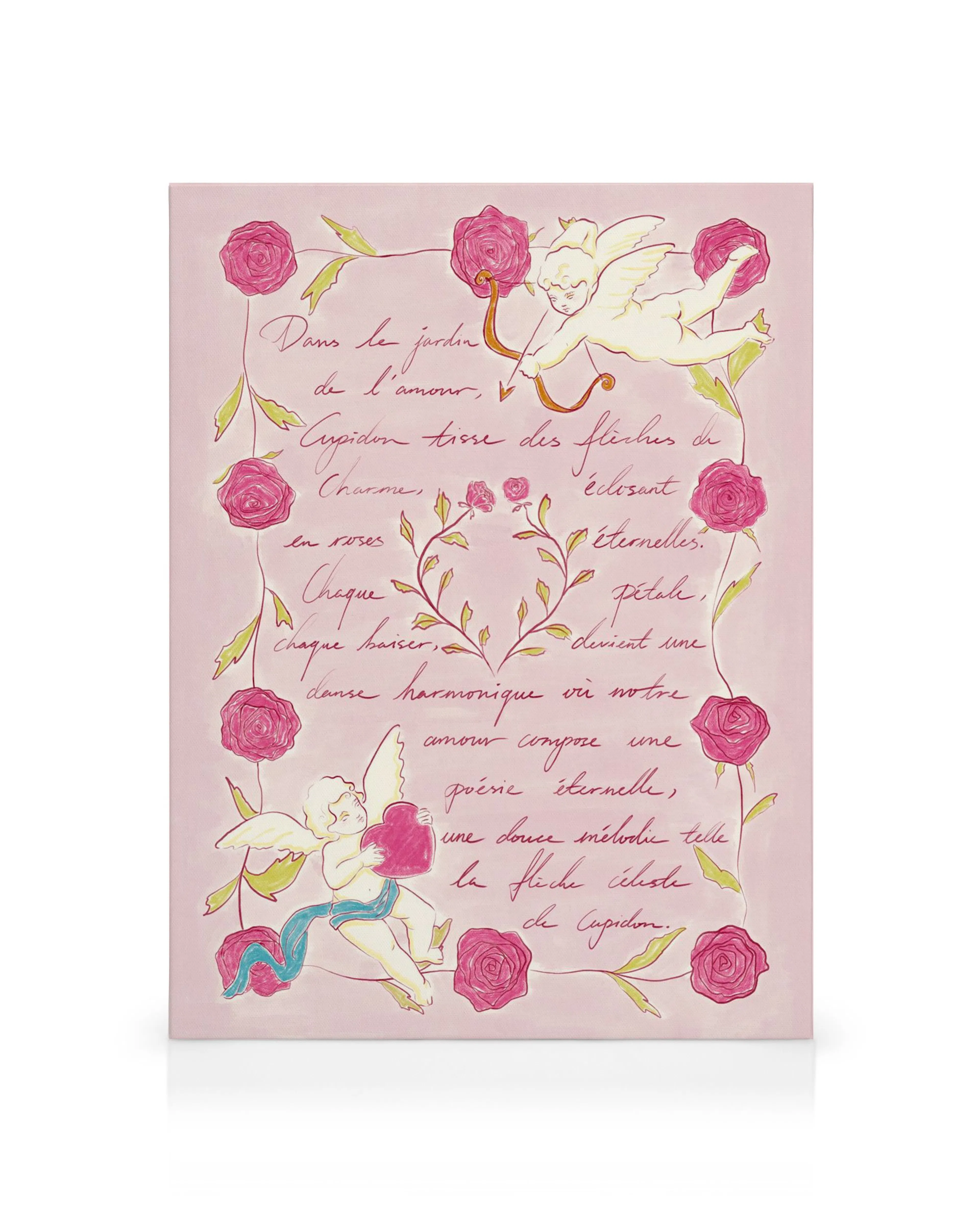 Leinwand mit Liebesbriefmotiv, umgeben von roten Rosen und zwei Amoren, die Liebe und Romantik symbolisieren.