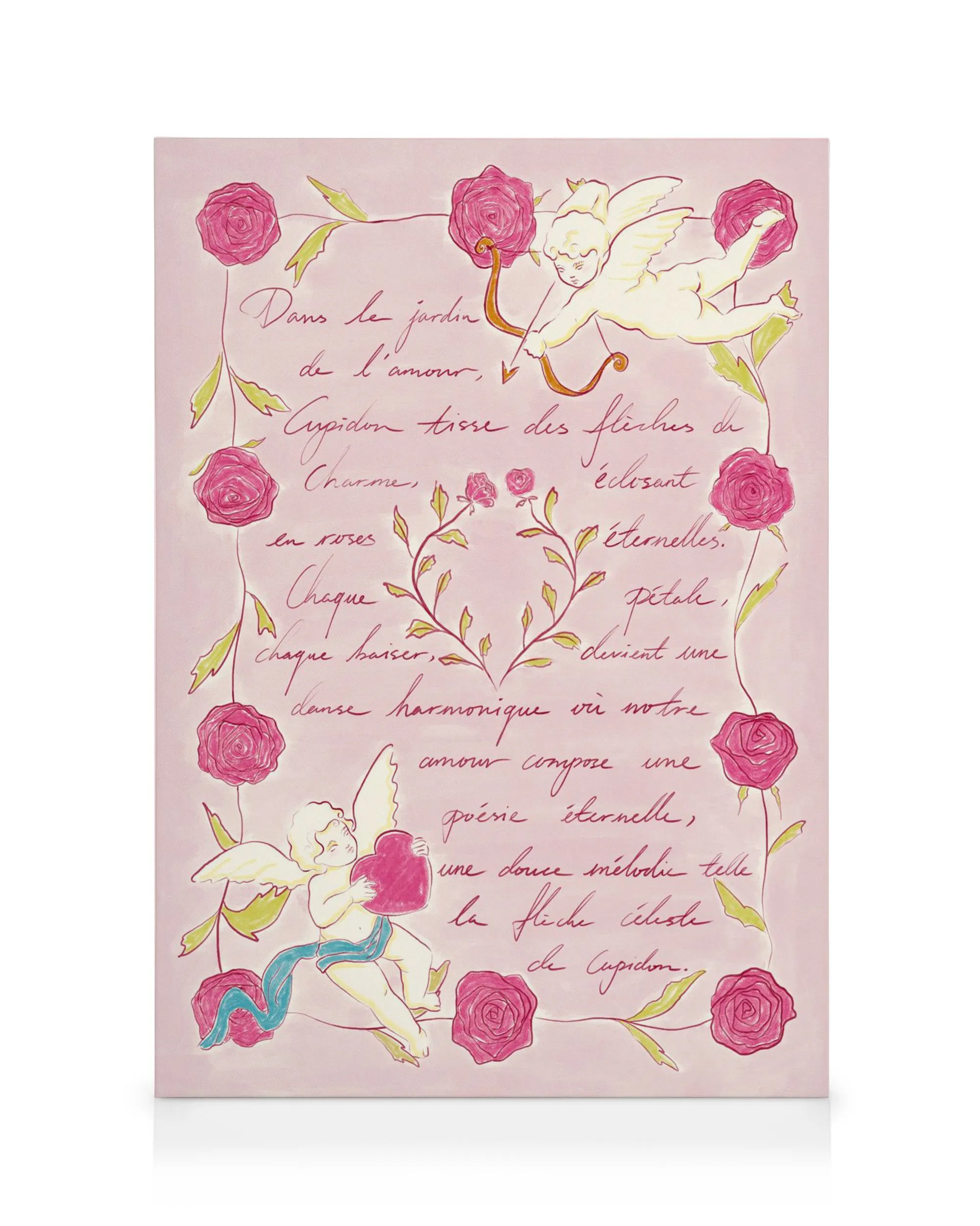 Lienzo romántico con querubines, rosas rosadas y texto en francés sobre el amor, ideal para decoración de pared.