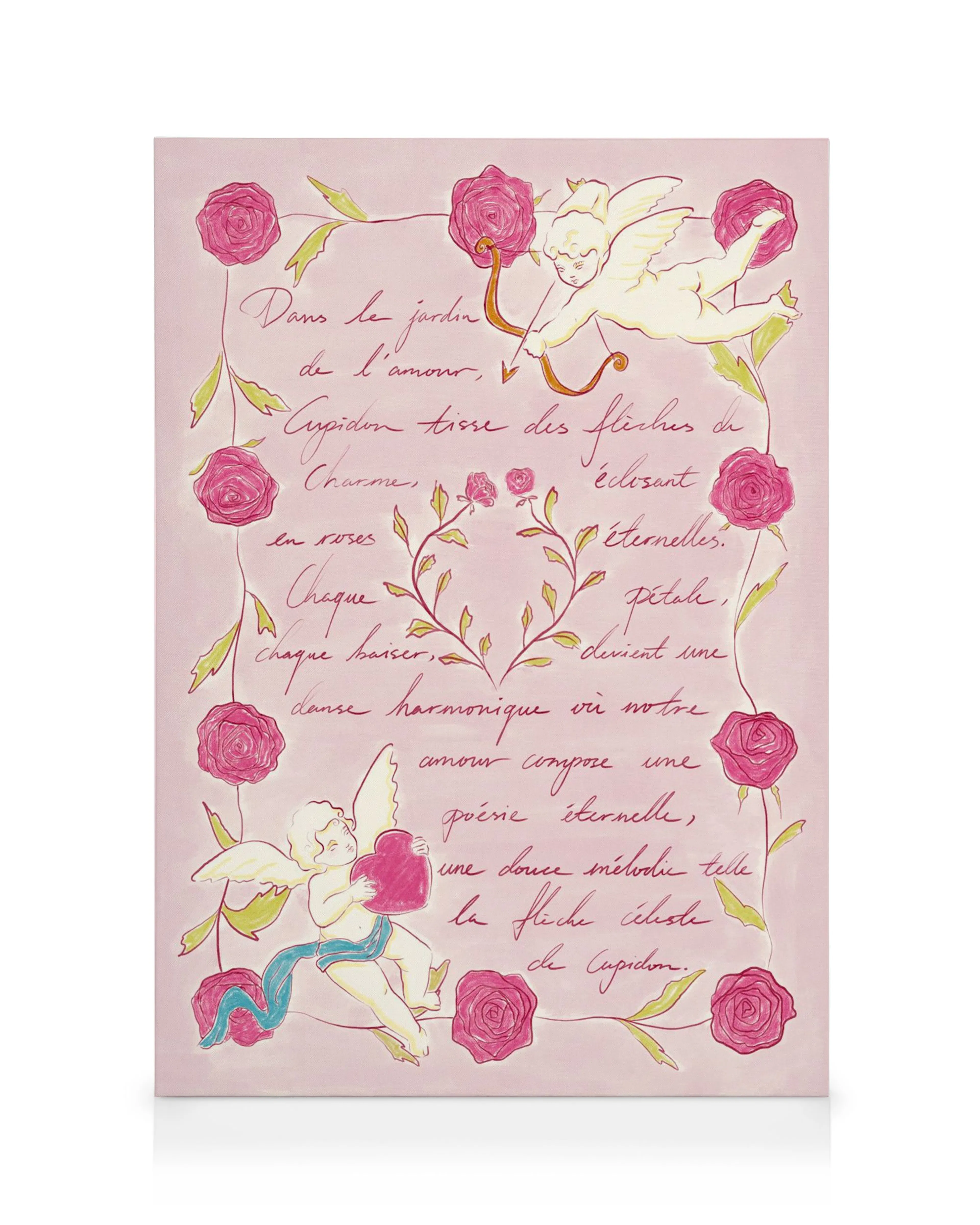 Lienzo romántico con querubines, rosas rosadas y texto en francés sobre el amor, ideal para decoración de pared.