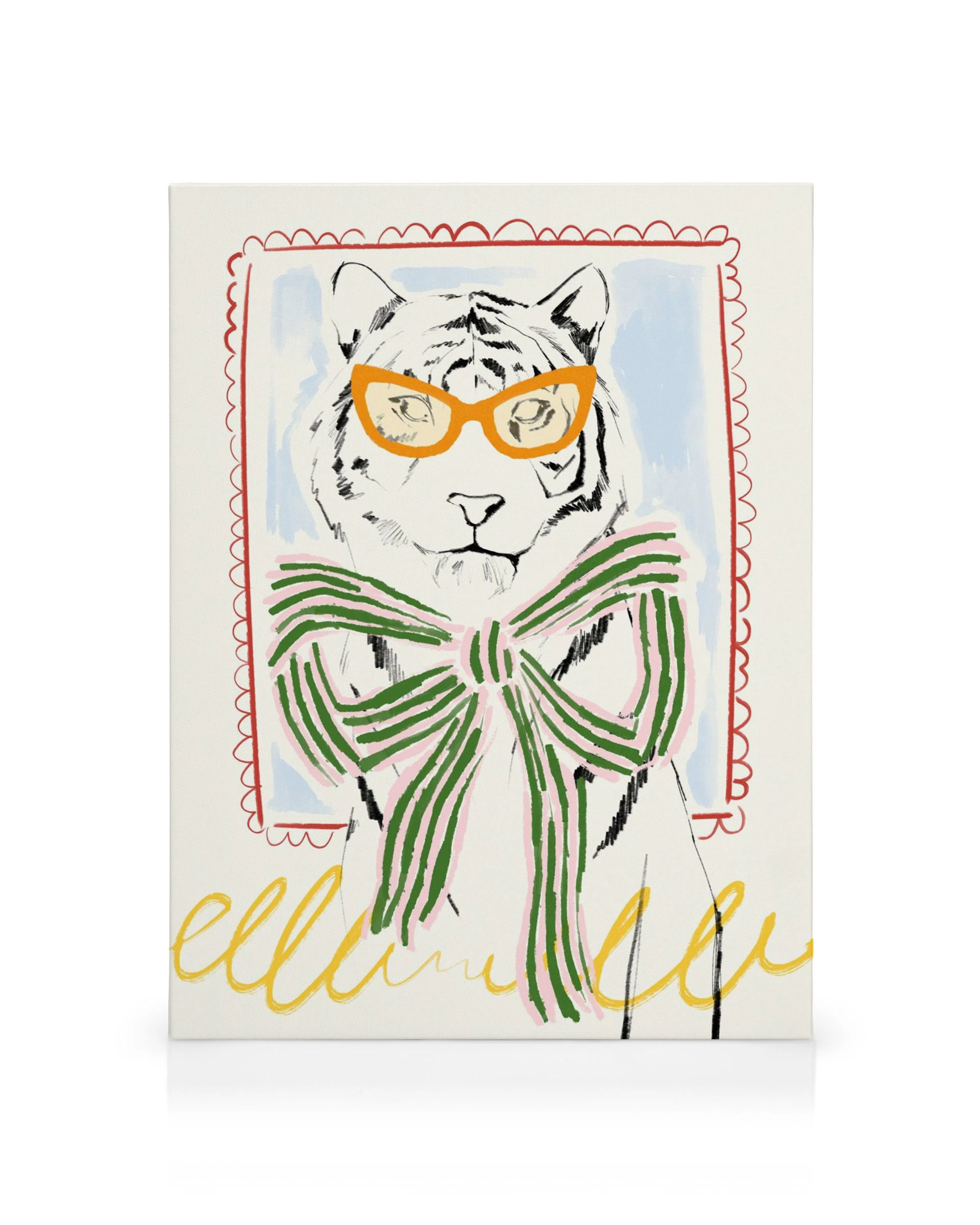 White tiger canvas print with orange glasses, green bow, beige background, and red/blue borders. Stylish animal wall art.
