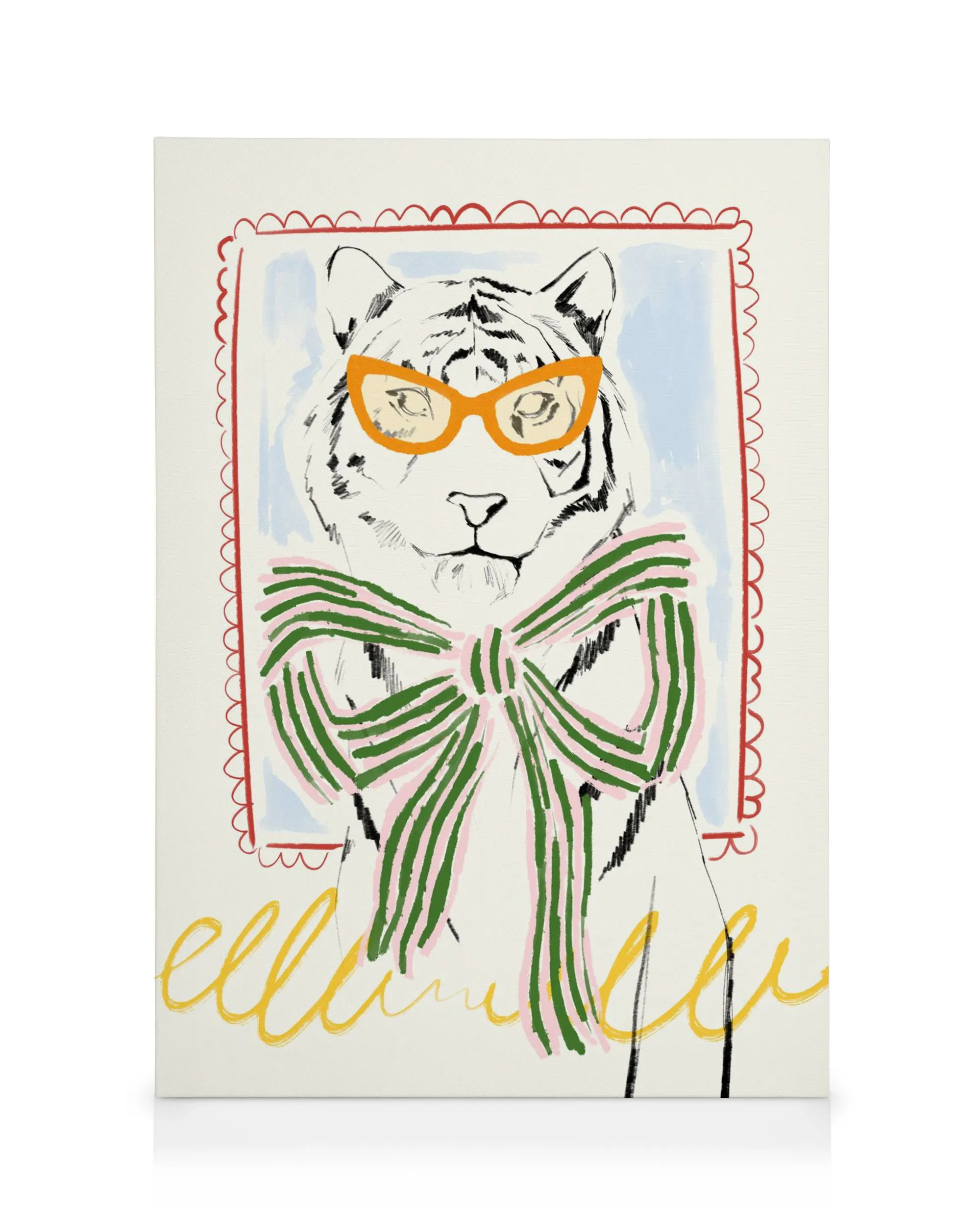 Lienzo de tigre blanco con gafas naranjas y lazo verde, sobre fondo beige con bordes rojos y azules, estilo moderno.
