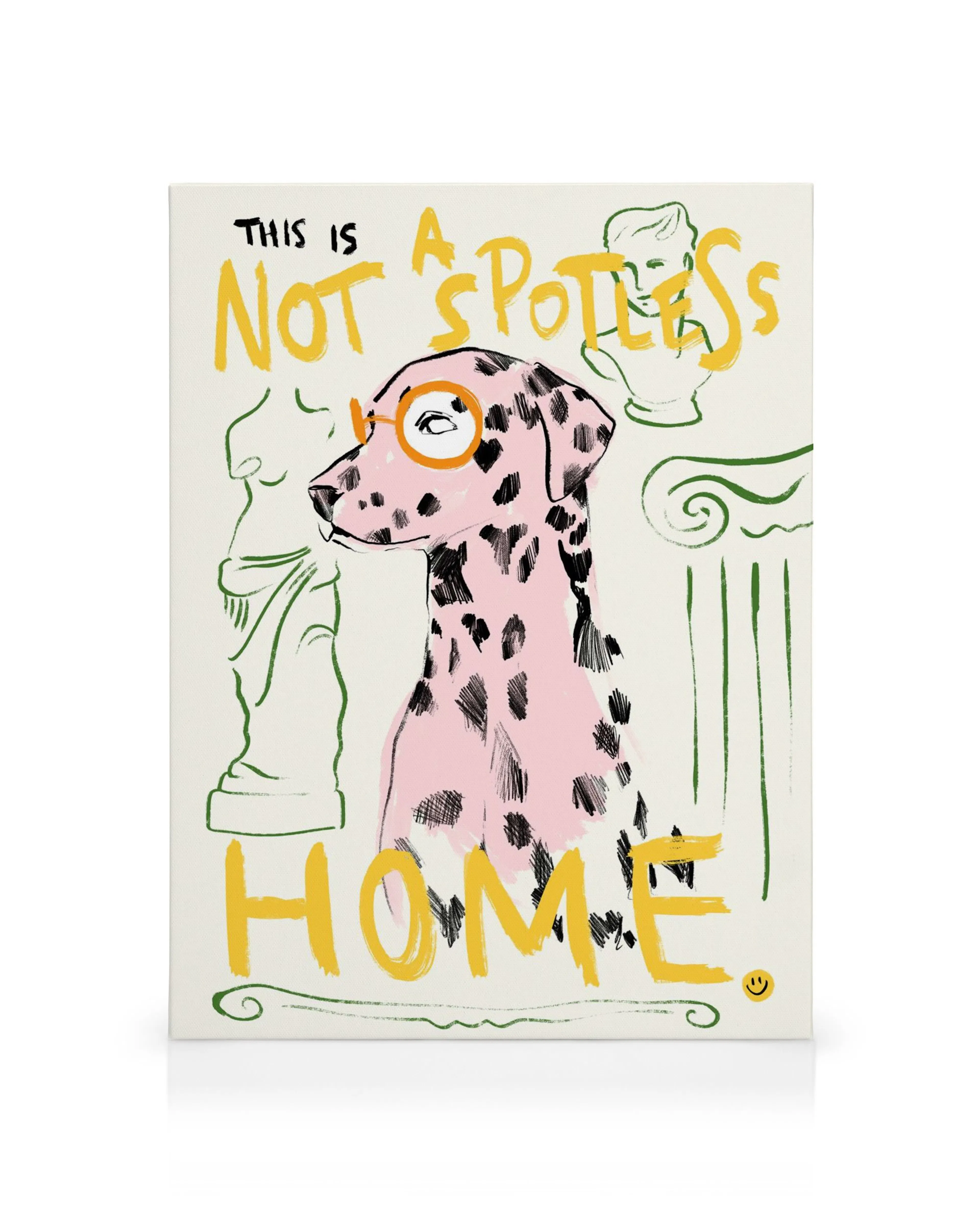 Leinwandbild mit rosa Dalmatinerhund, der eine Brille trägt, umgeben von grünen Skulpturen und gelbem Text This is not a spotles