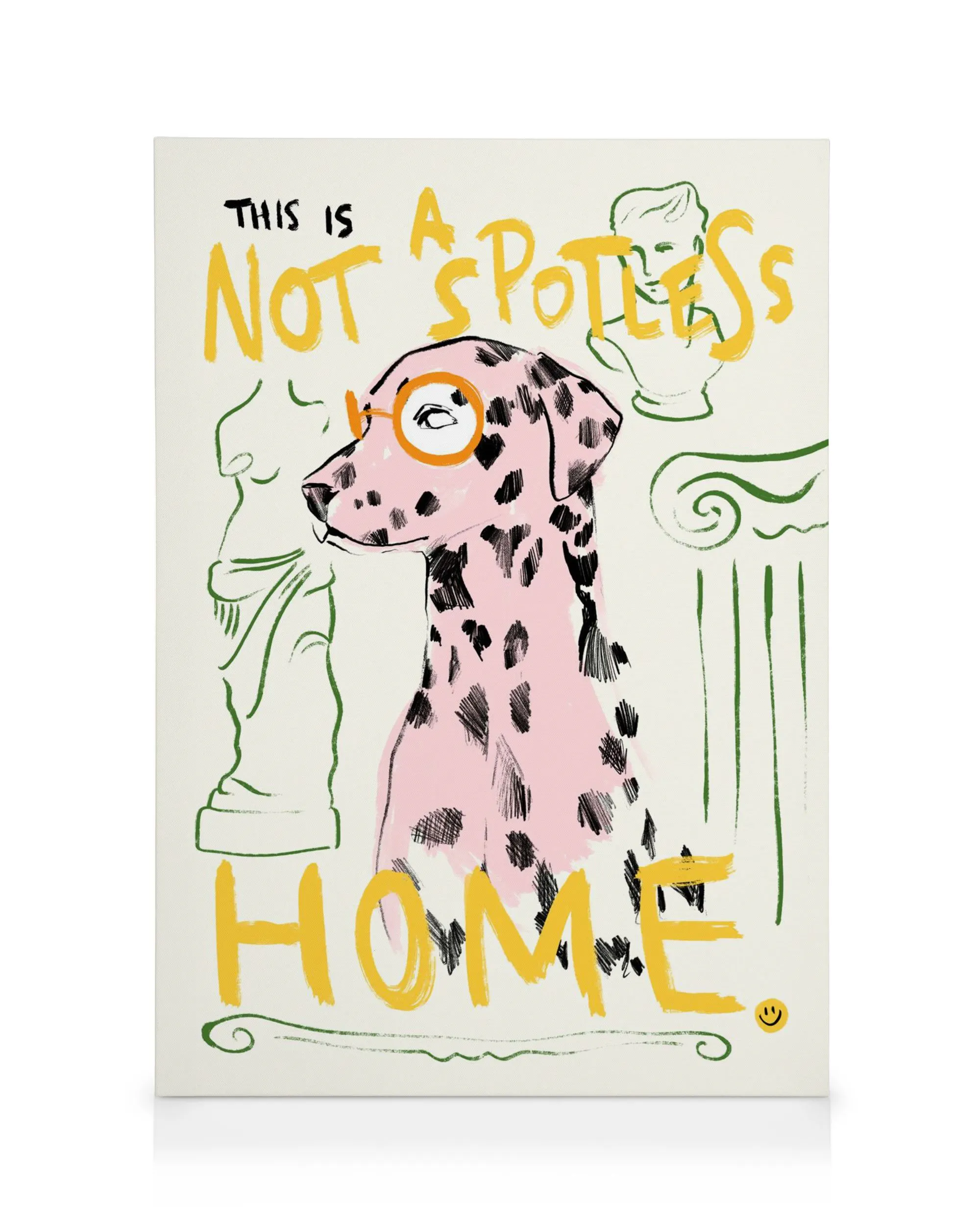 Pink Dalmatian dog with orange glasses, black spots, and green line art statues on a canvas print.