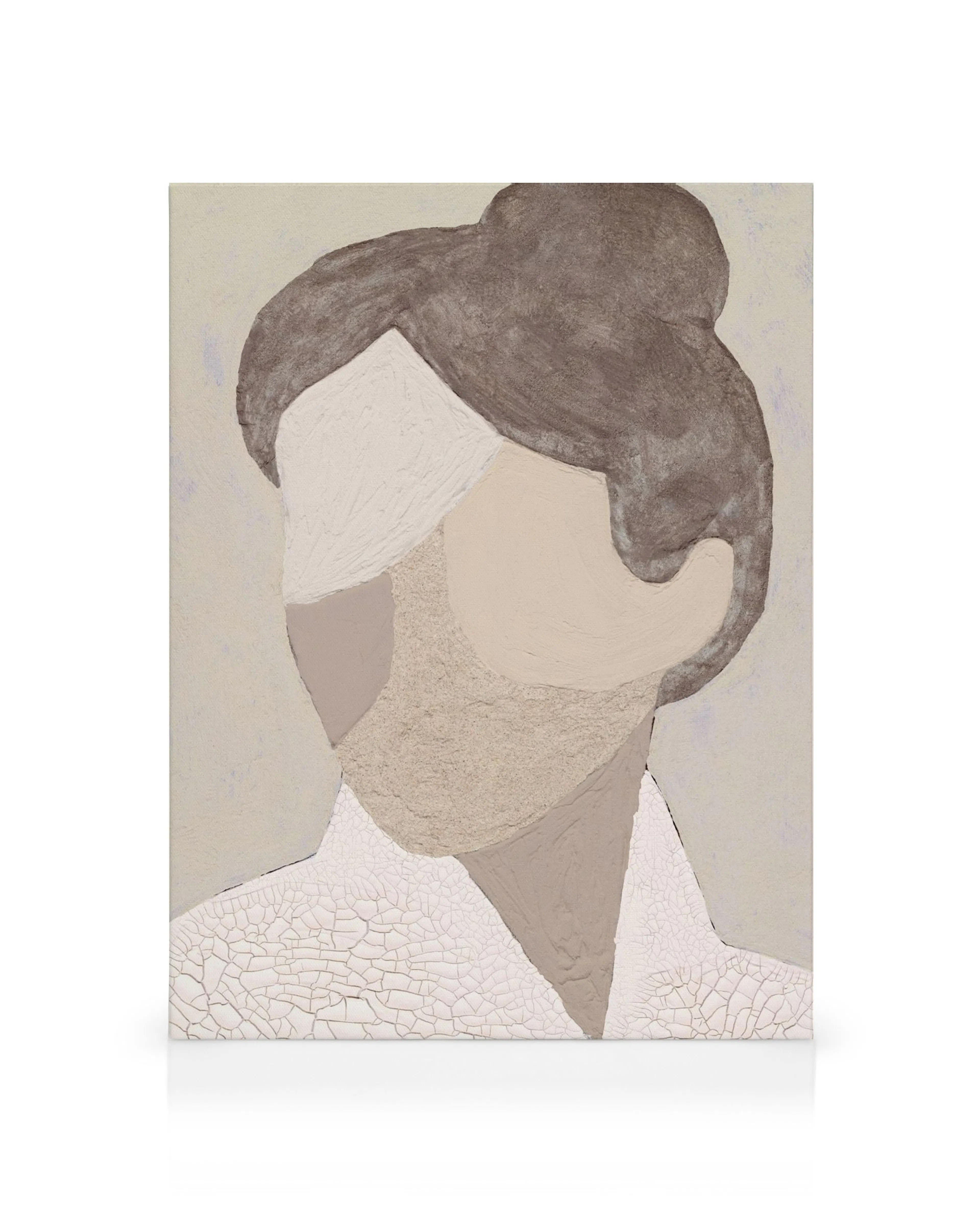 Abstract textured portrait canvas print in beige, brown, white, and grey with stylized shapes.