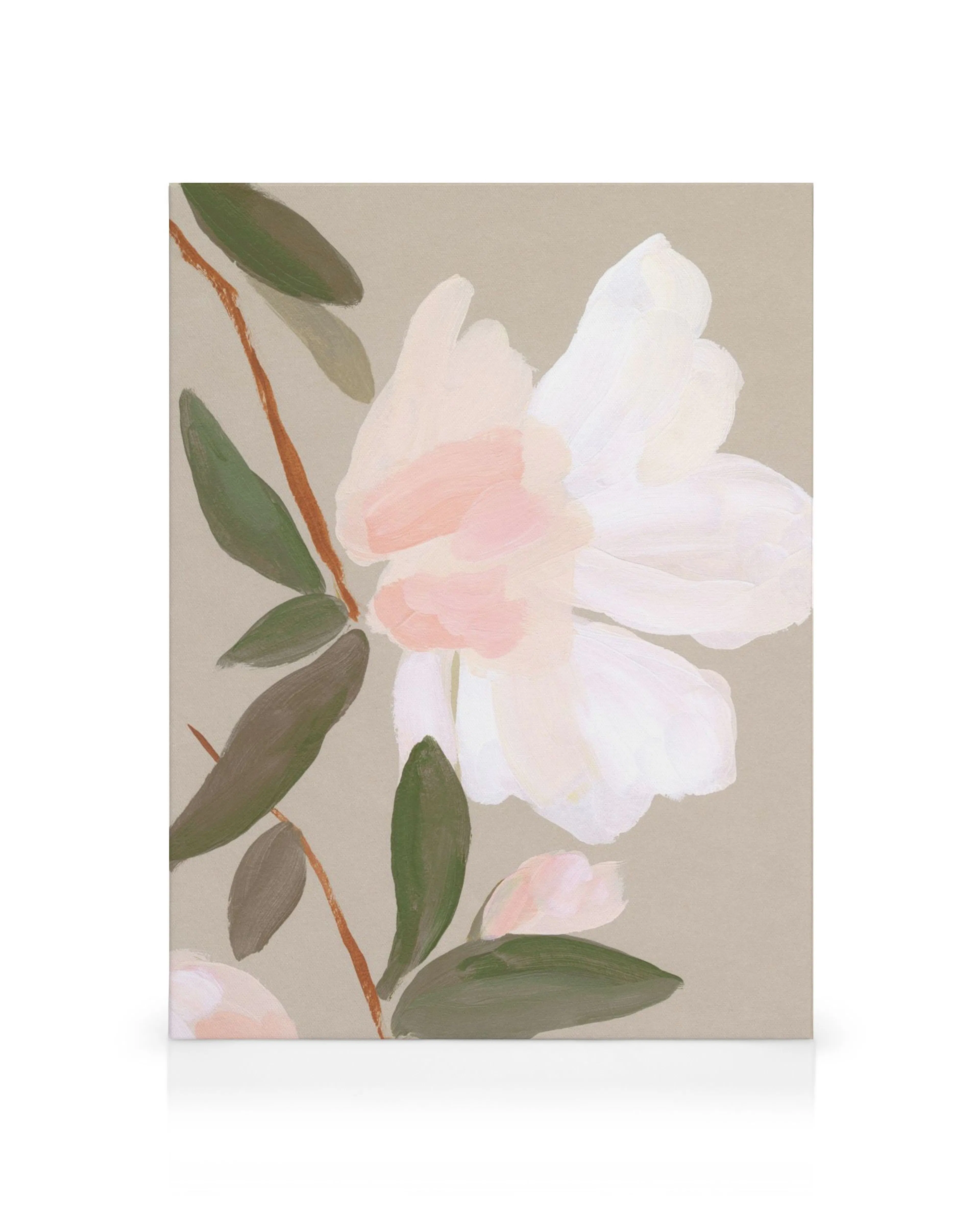 Romantic flower canvas print featuring a large white and pink flower with green leaves on a beige background.