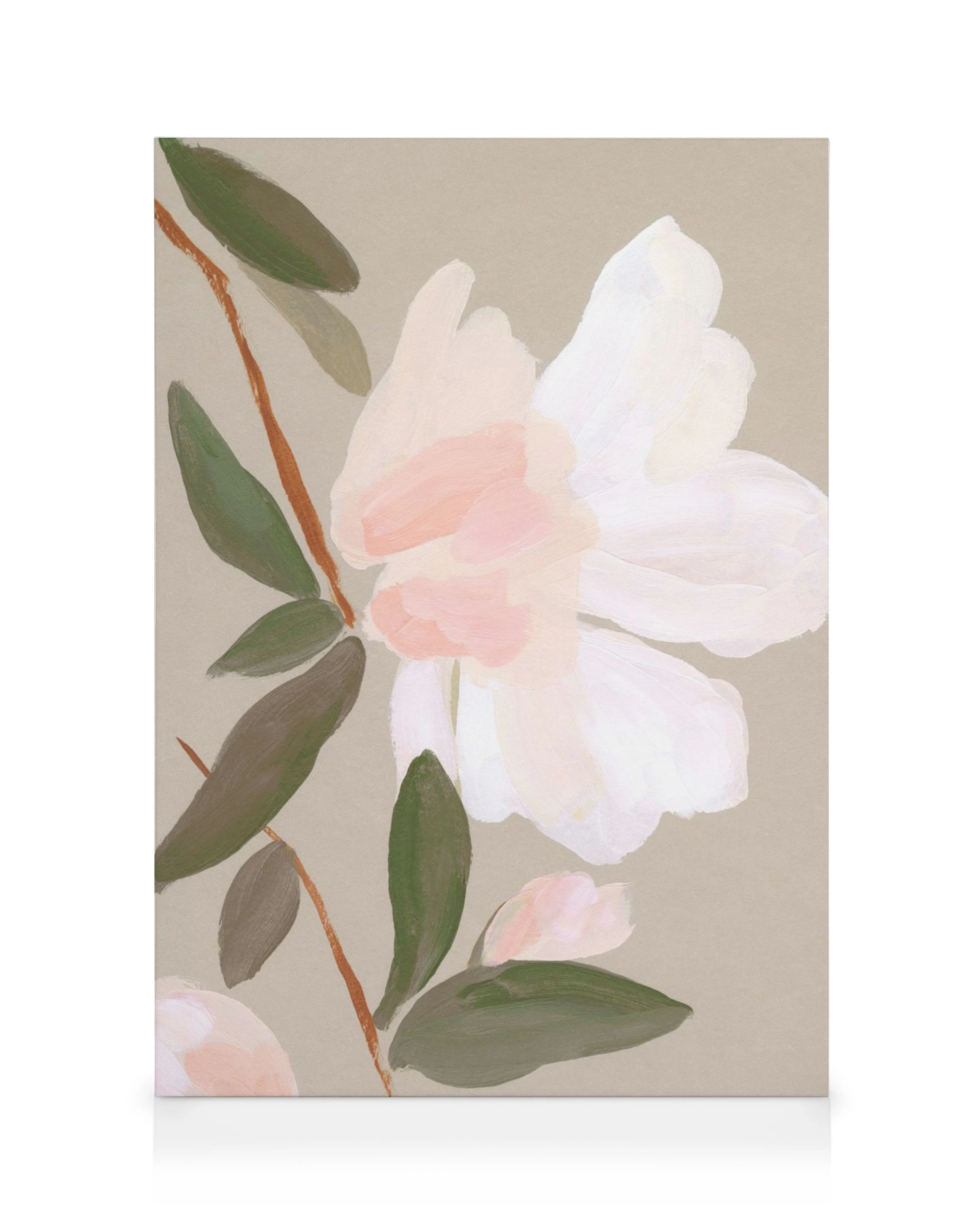 Hand-painted romantic flower canvas print with pink and white petals, green leaves, and visible brush strokes on beige.