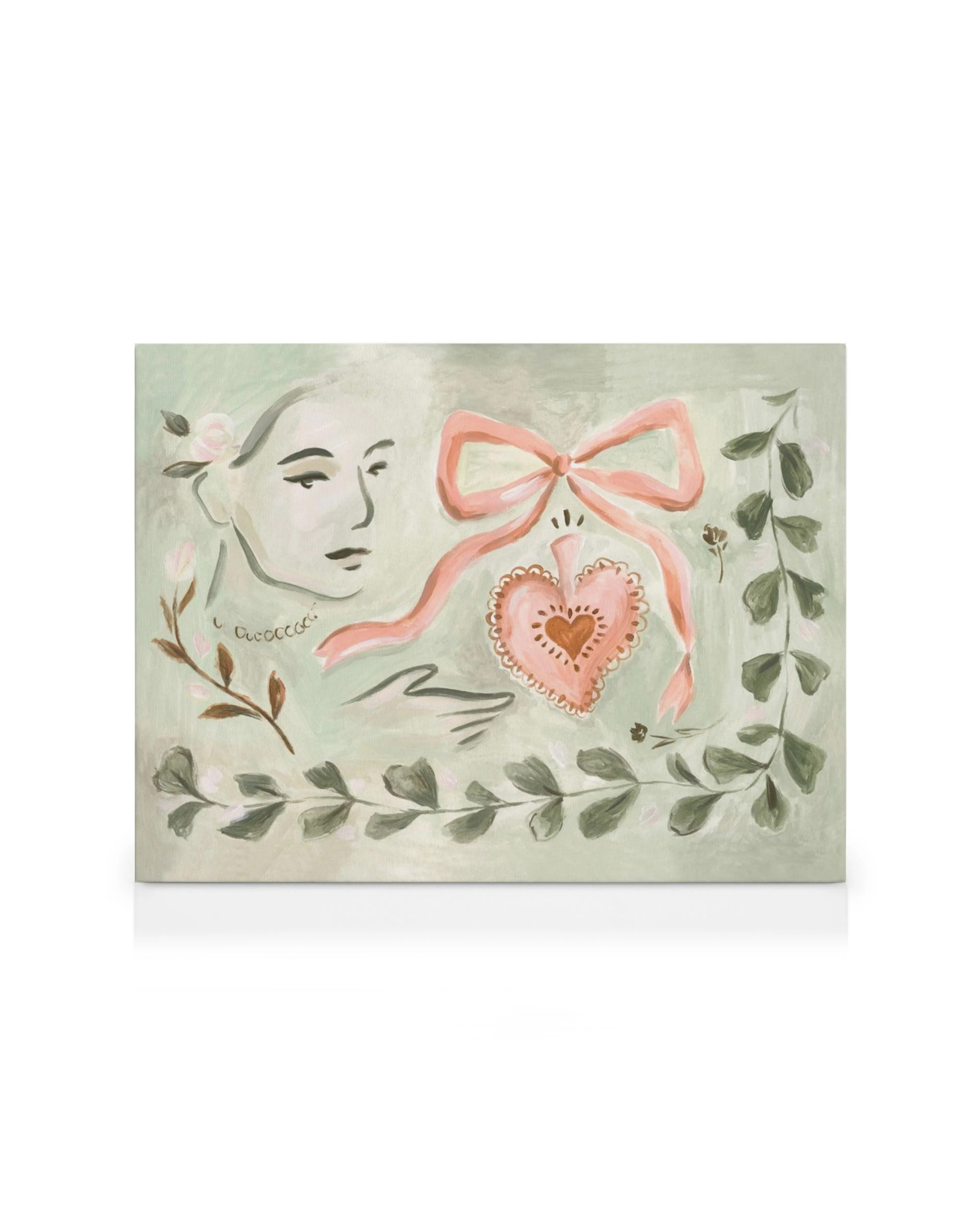 Romantic canvas print, watercolour woman with flower in hair, heart pendant, pink, green, grey hues.