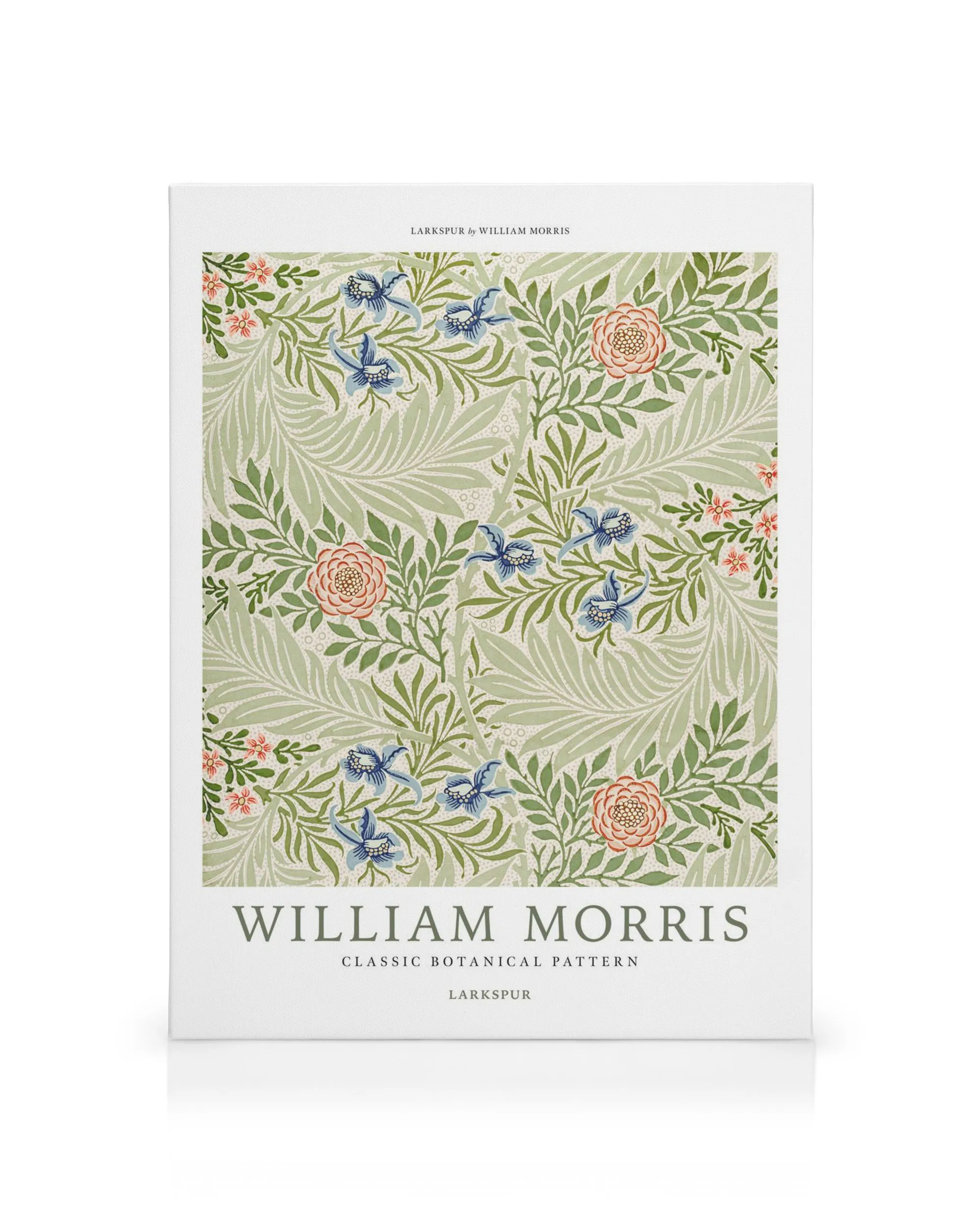 Patrón botánico Larkspur de William Morris con hojas verdes y flores rosas, rojas y azules.