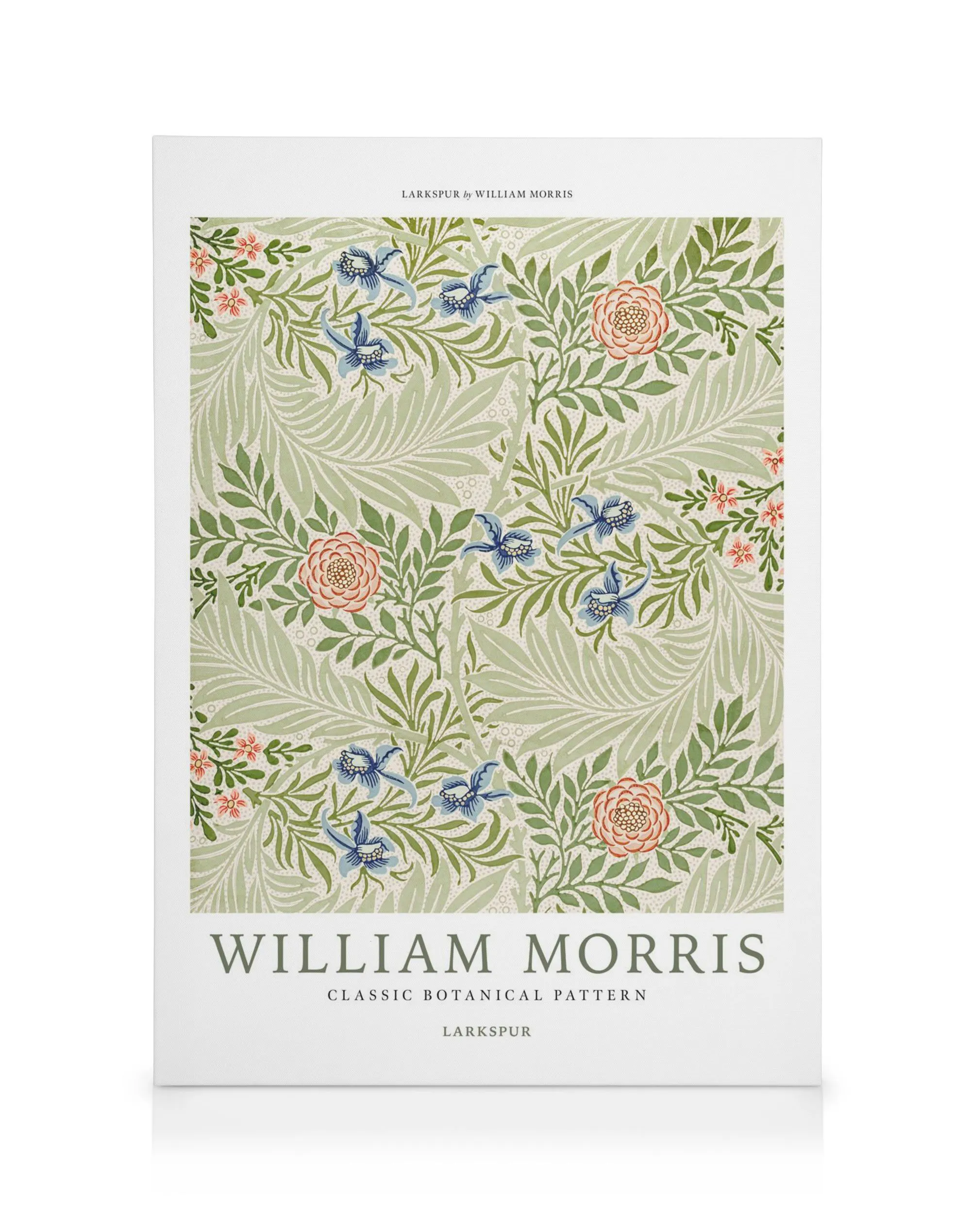 William Morris Larkspur lerret: grønne blader, blå blomster, rosa/oransje detaljer på lys grønn bakgrunn.