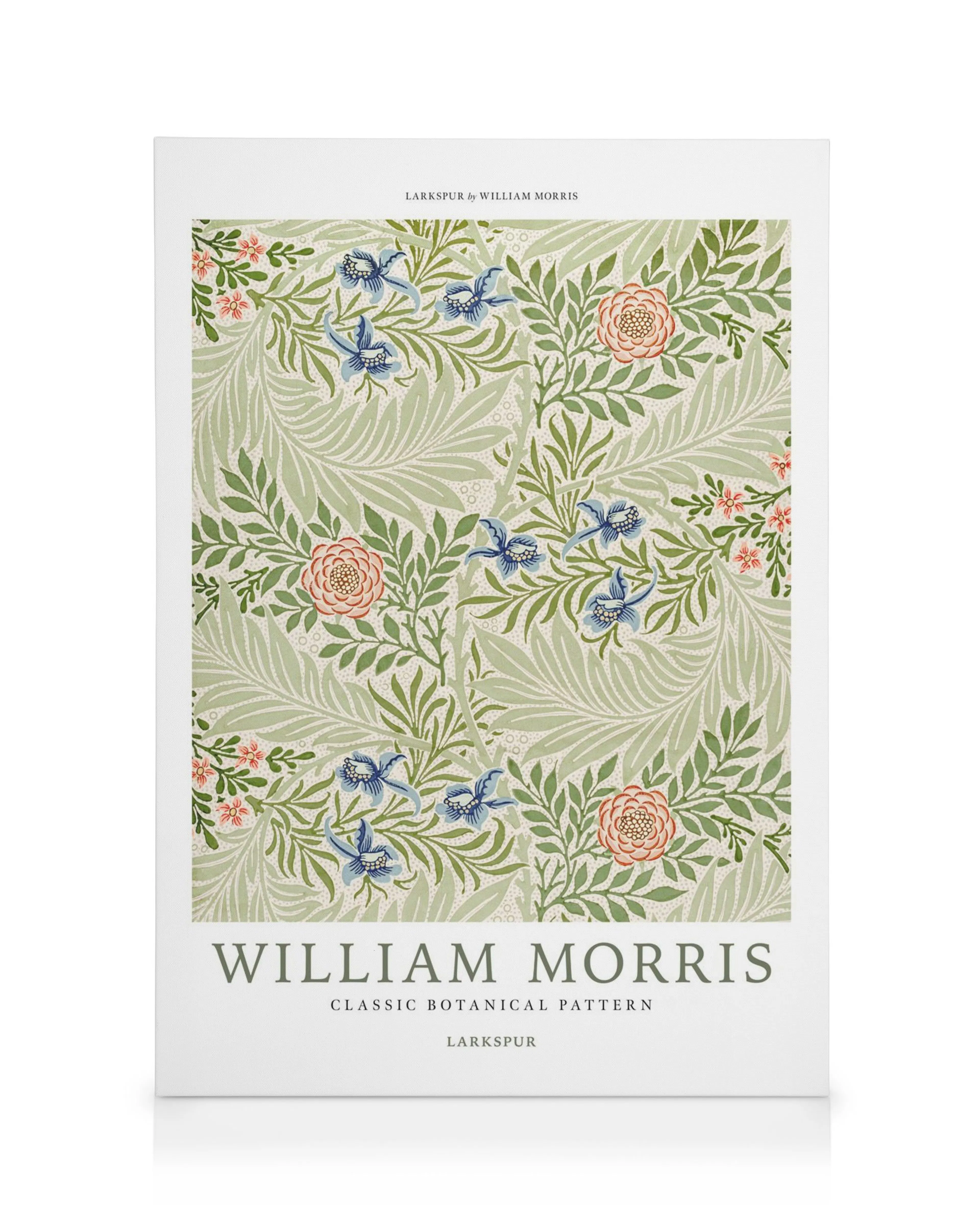 William Morris Larkspur lerret: grønne blader, blå blomster, rosa/oransje detaljer på lys grønn bakgrunn.