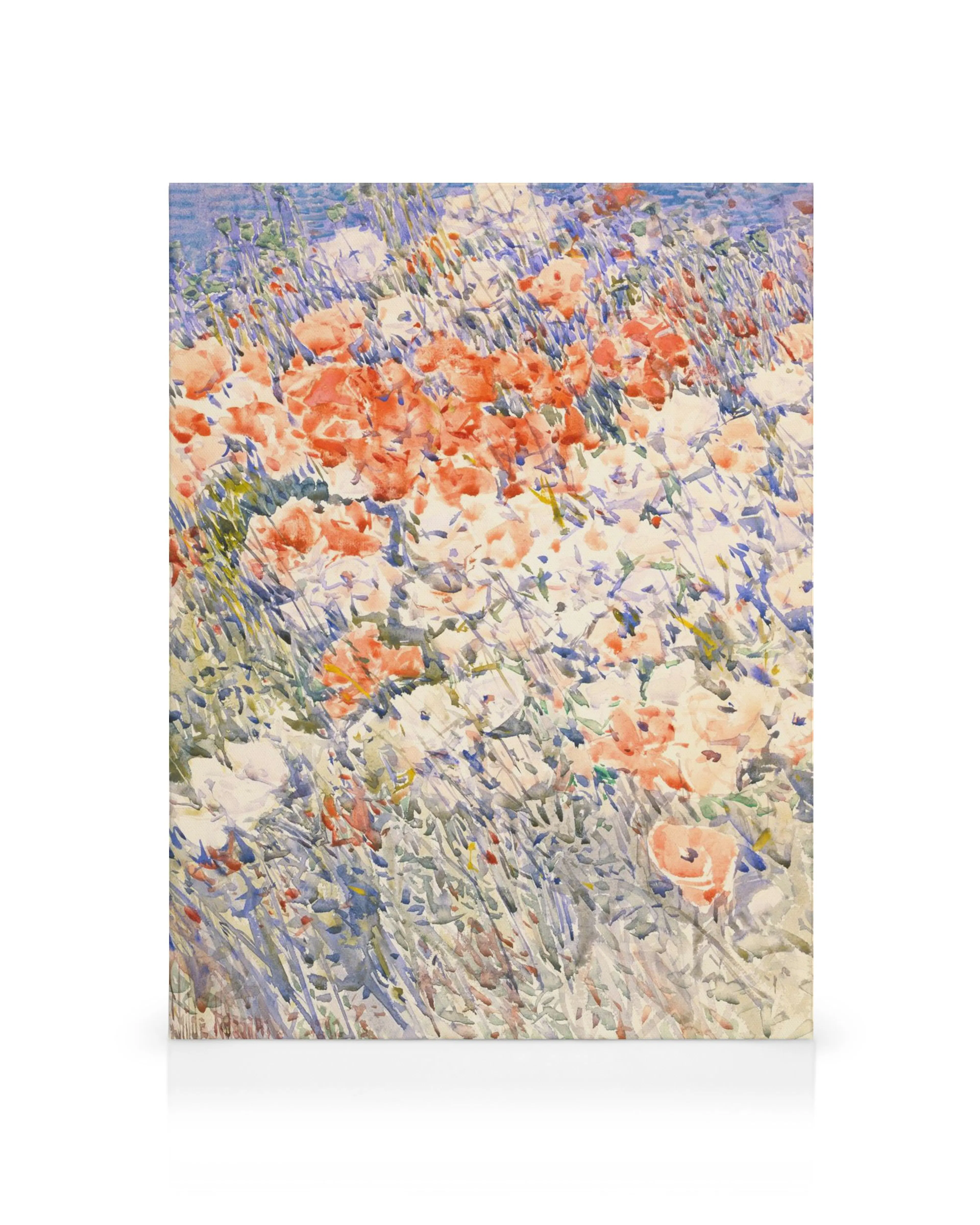 Frederick Childe Hassam watercolor showing a vibrant garden of peach and white flowers amidst green and blue foliage.