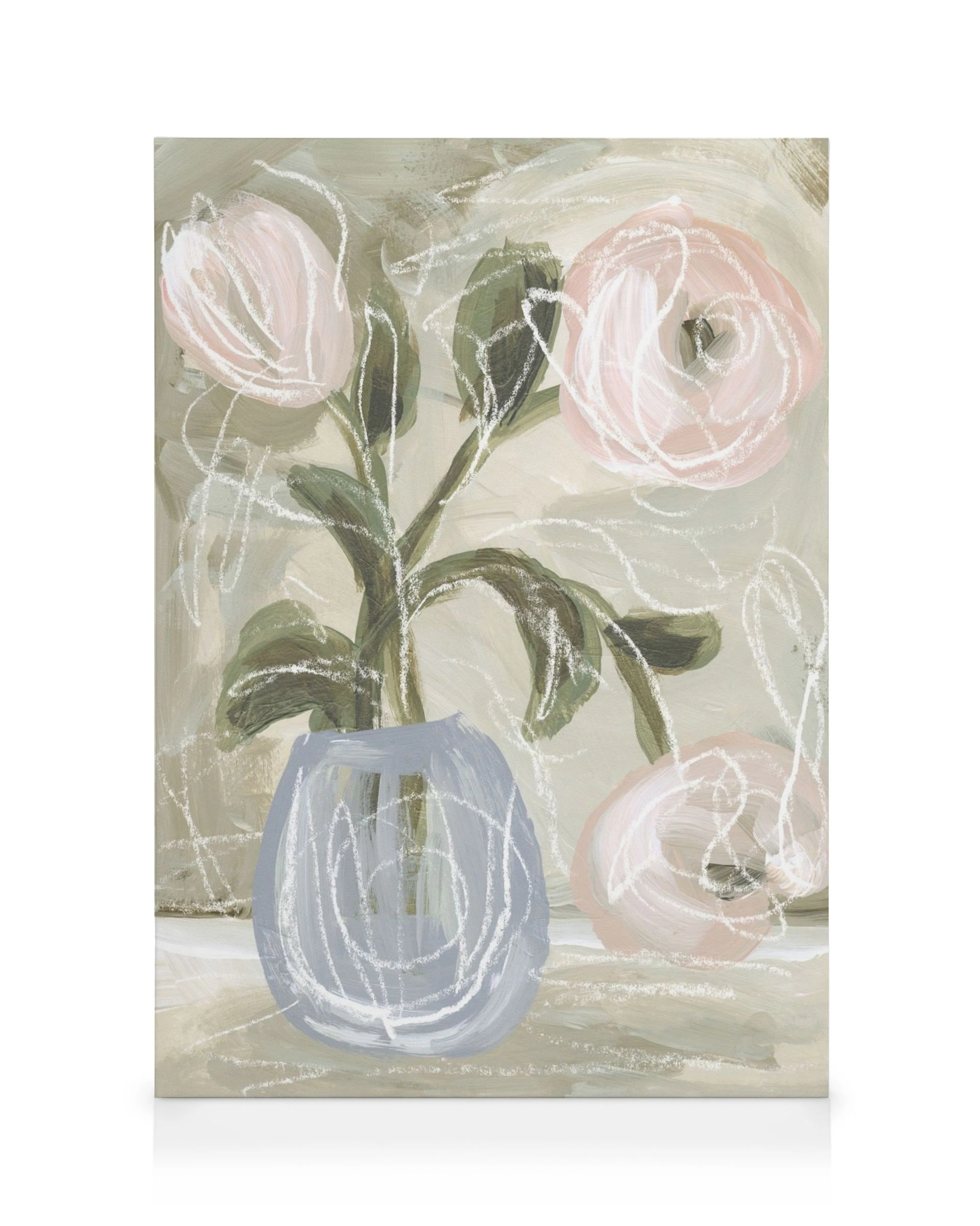 Toile abstraite de bouquet romantique avec deux fleurs roses dans un vase bleu, sur fond beige. Typographie visible et coups de 