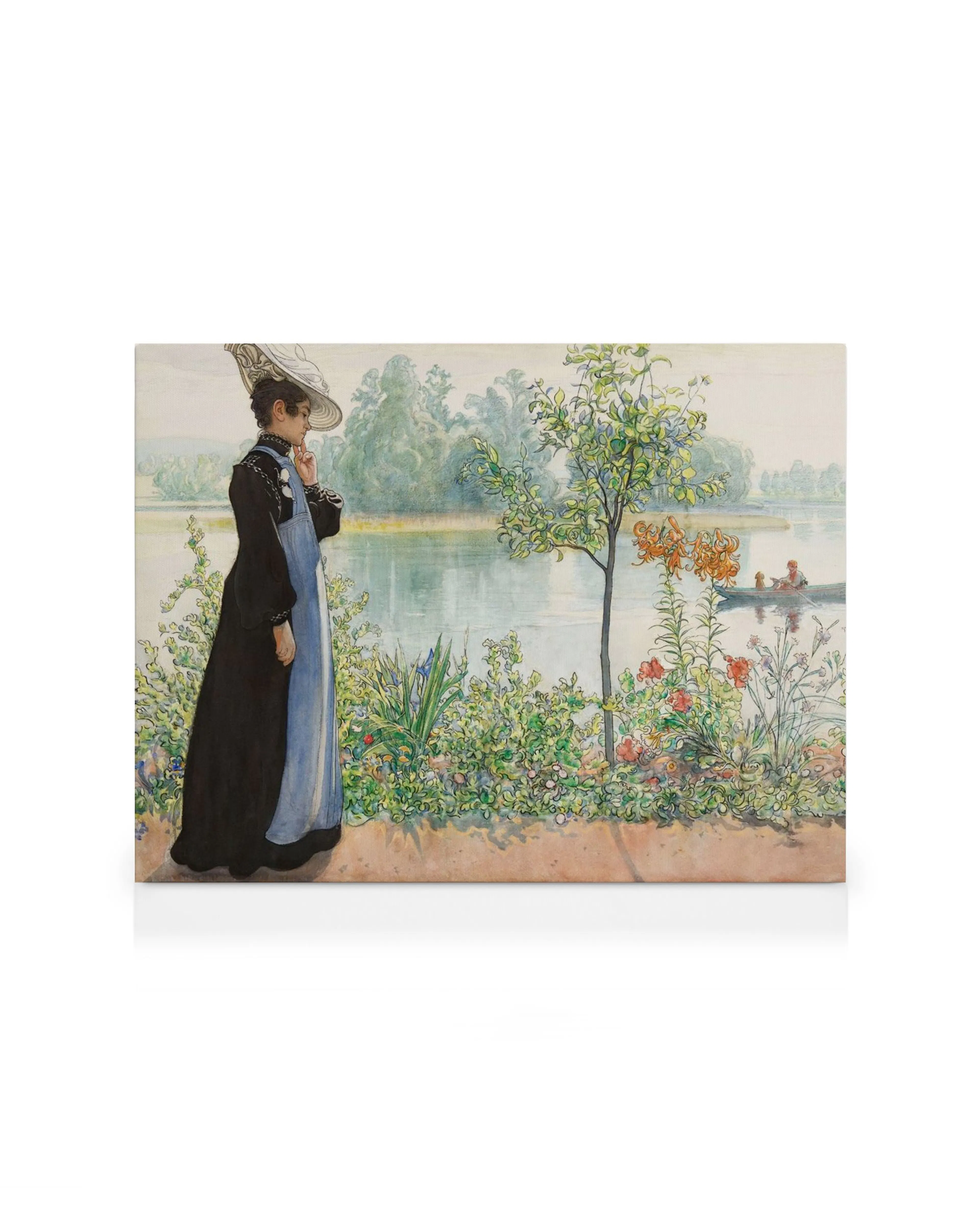 Pintura de Carl Larsson: Karin junto a la orilla, mujer pensativa con sombrero, río con canoa y flores, estilo acuarela.