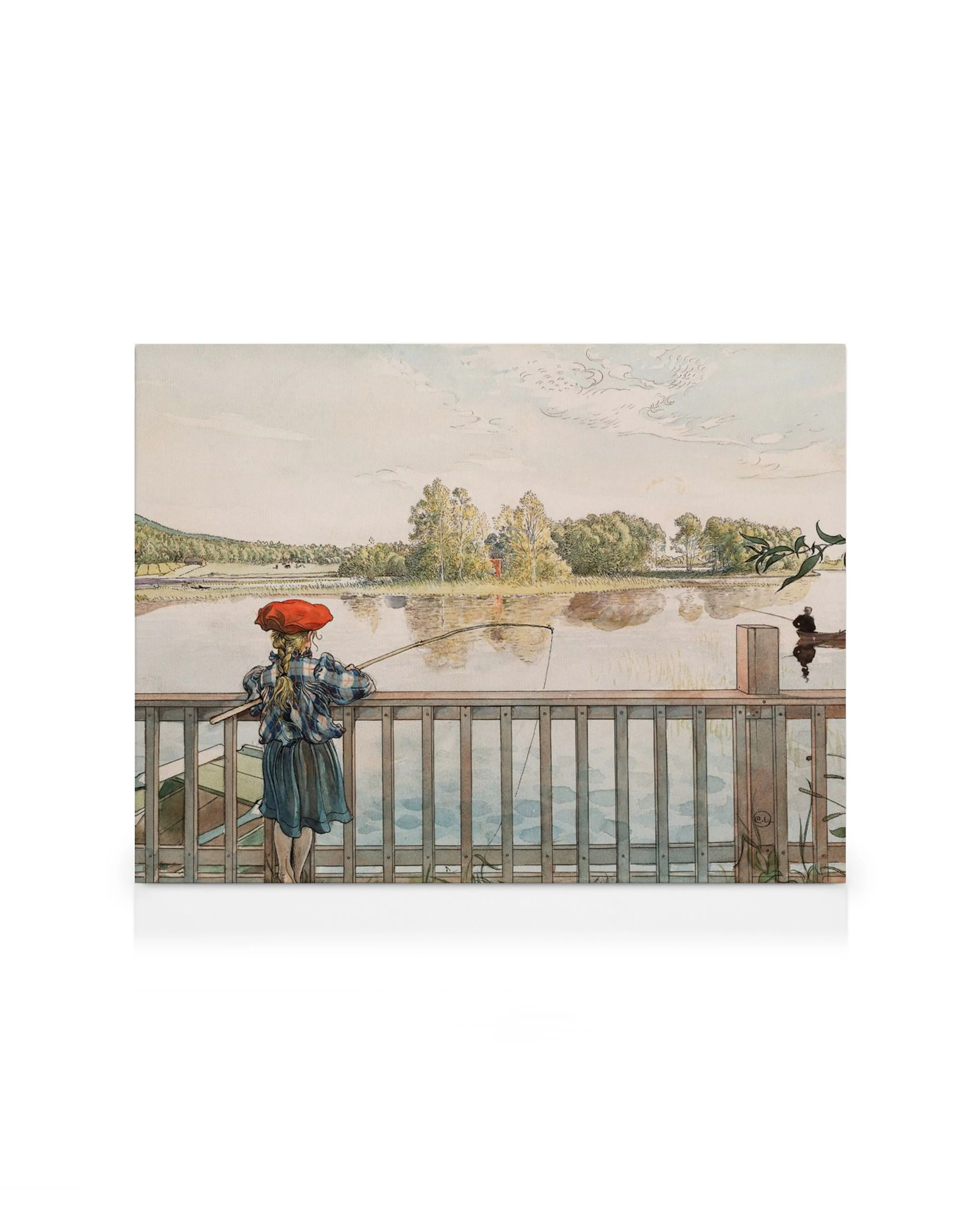 Pintura de Carl Larsson, Lisbeth Fishing, retratando uma menina com chapéu vermelho pescando em um lago sereno com árvores e céu