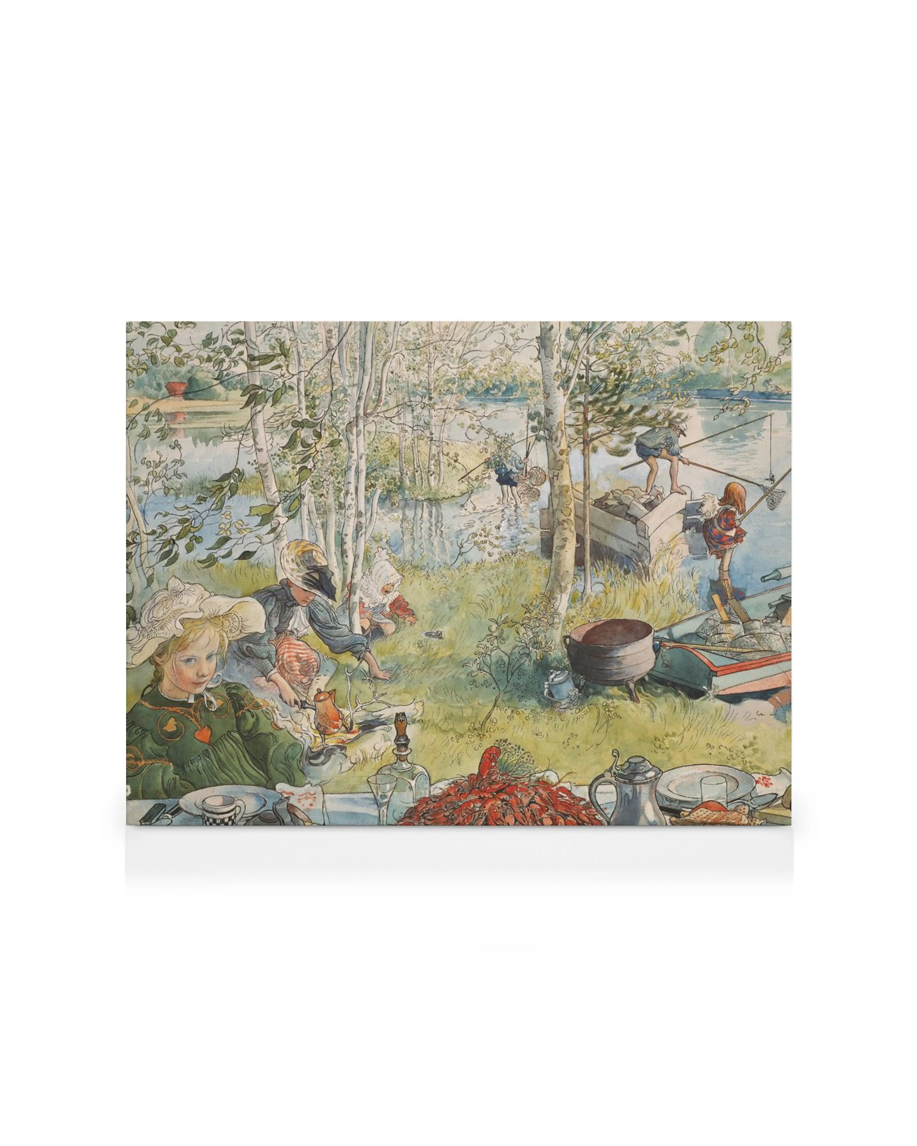 Pintura de Carl Larsson: niños pescando cangrejos en un río, picnic de verano, naturaleza.