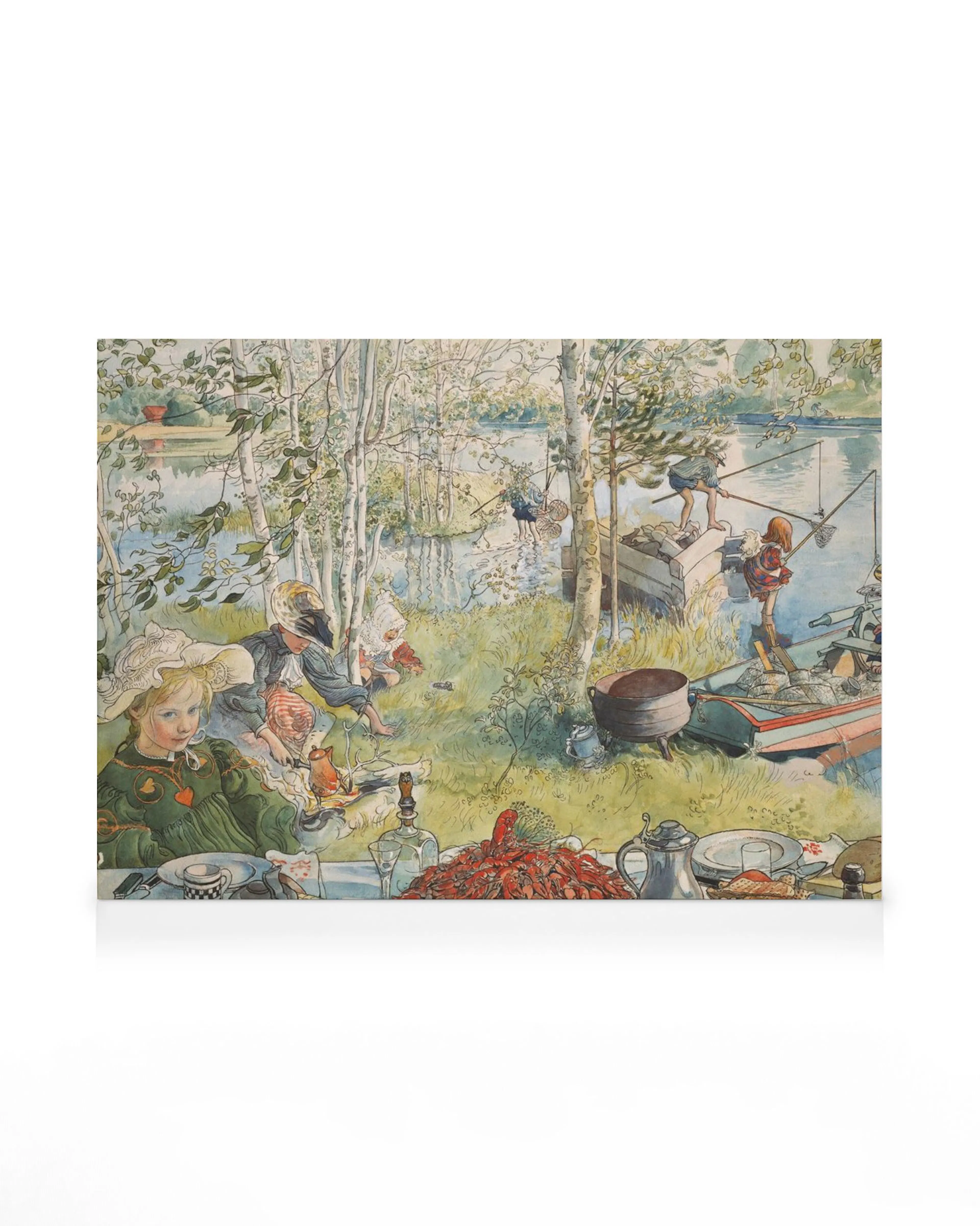 Carl Larssons Crayfishing artwork depicts children fishing and picnicking by a lake, featuring a girl in green and red food.