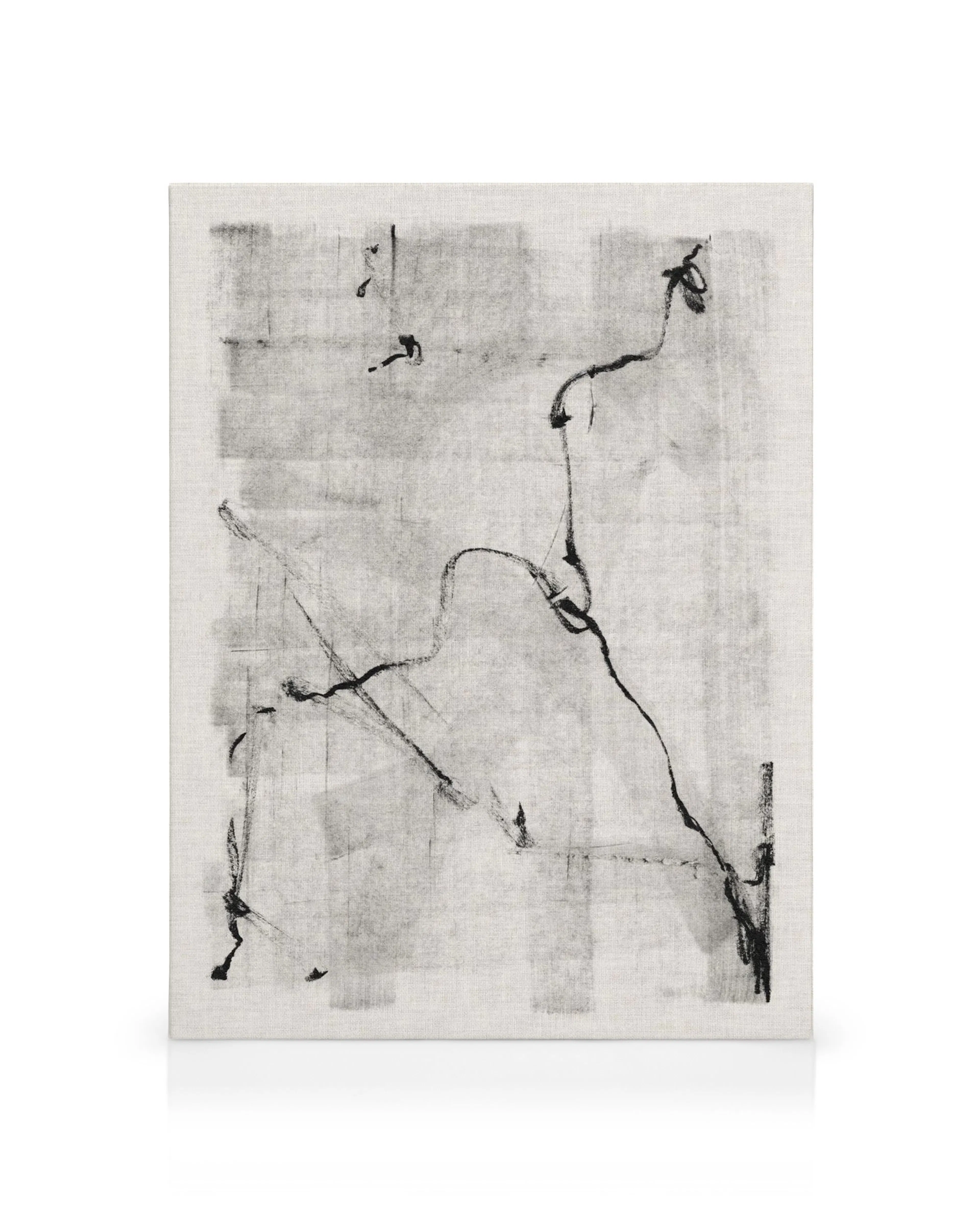 Leinwandbild mit schwarzen Linien und zufälligen Kritzeleien auf hellem Hintergrund, abstraktes Kunstwerk.