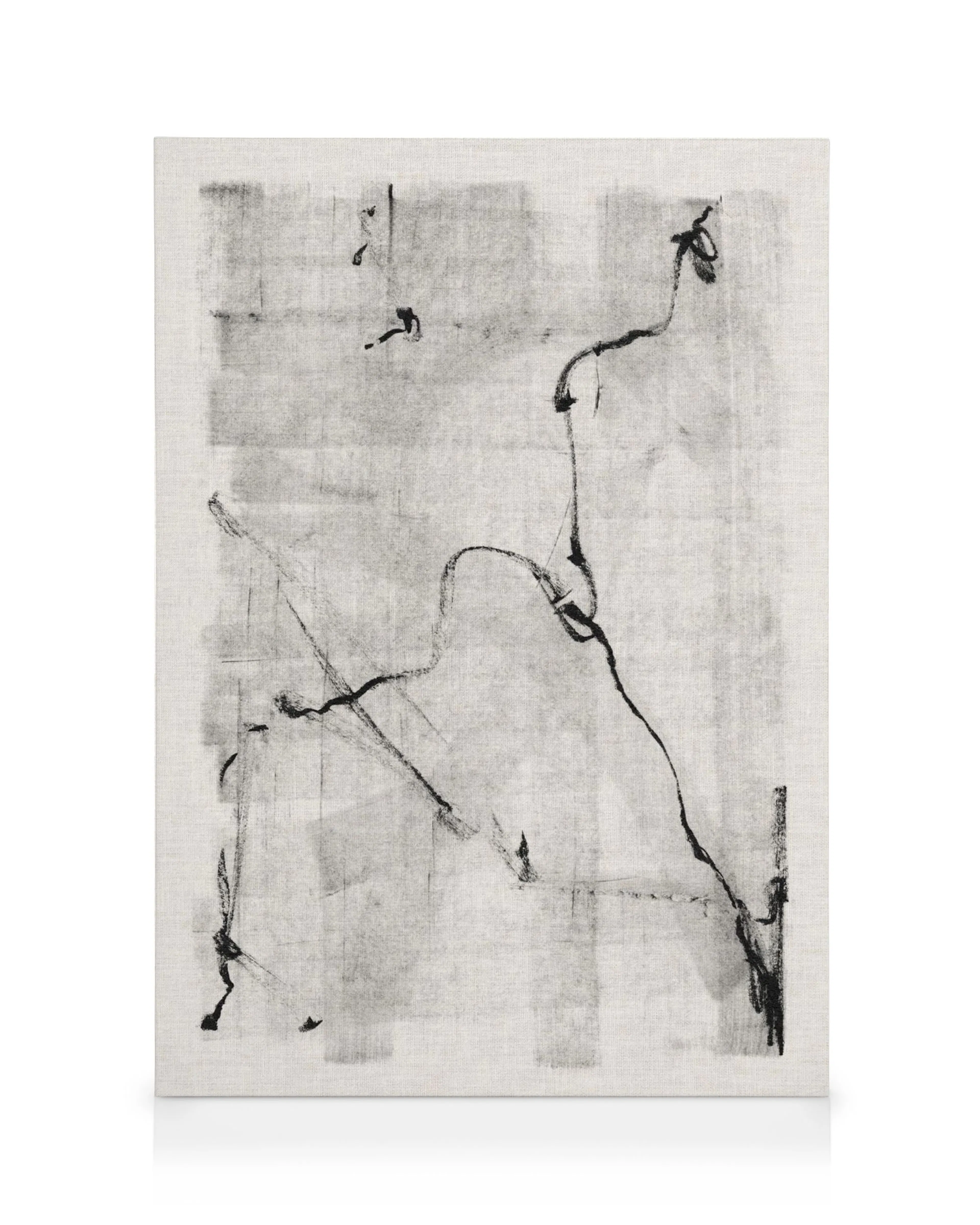 Zwart-wit abstract canvas met dunne zwarte lijnen en onvolledige vormen op een grijze, getextureerde achtergrond.
