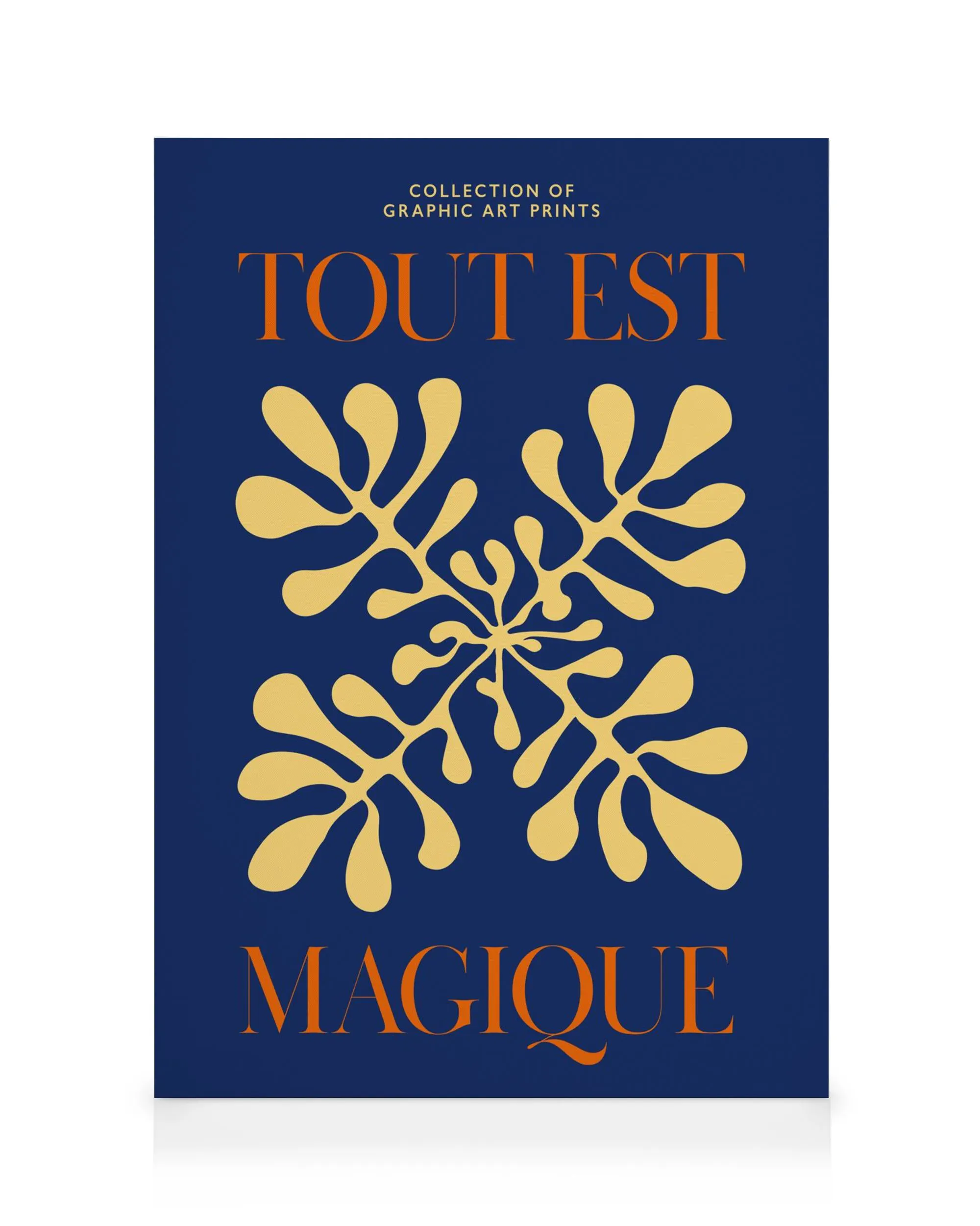 Everything Is Magical Canvas with yellow organic shapes and orange text against a dark blue background.