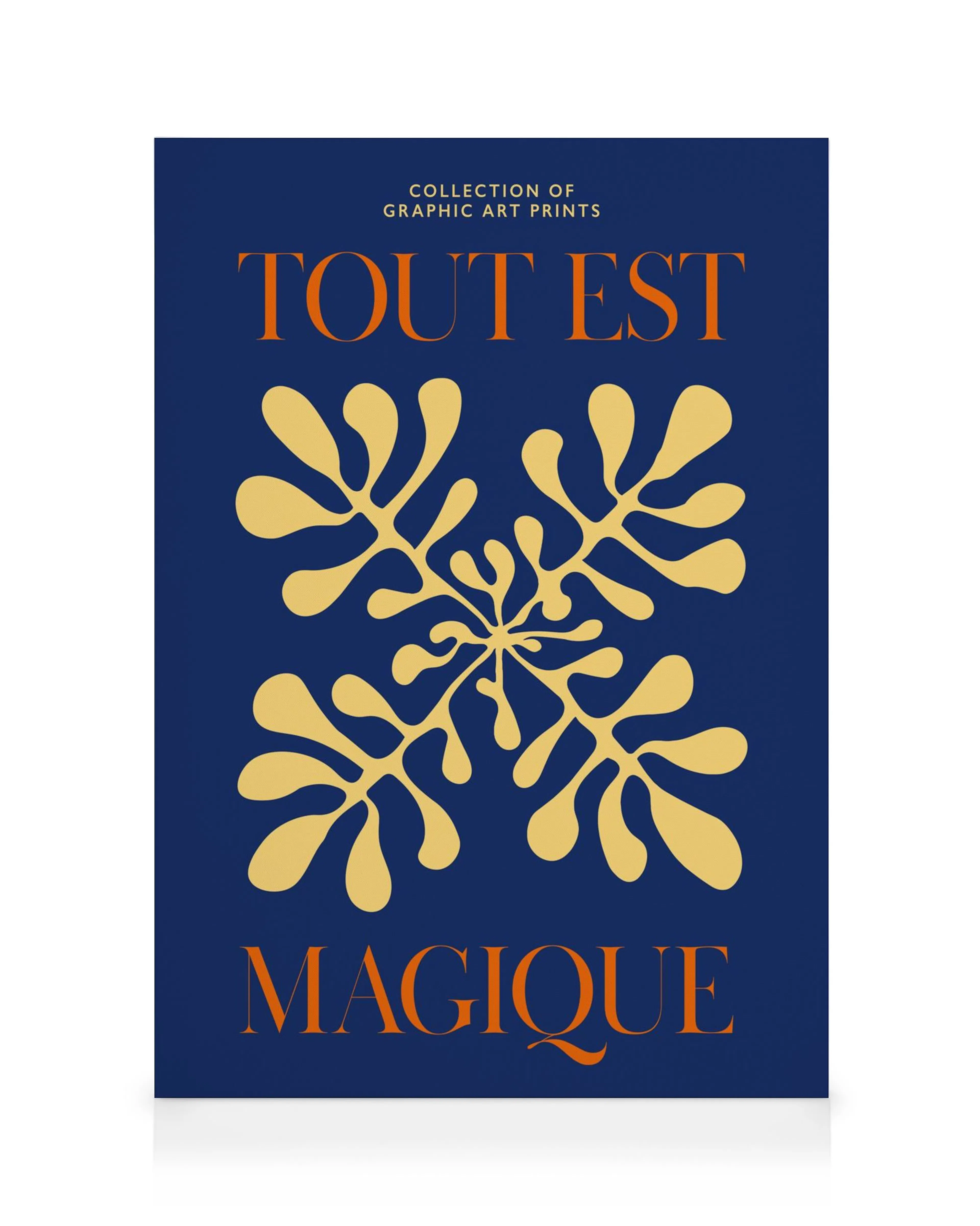Everything Is Magical Canvas with yellow organic shapes and orange text against a dark blue background.