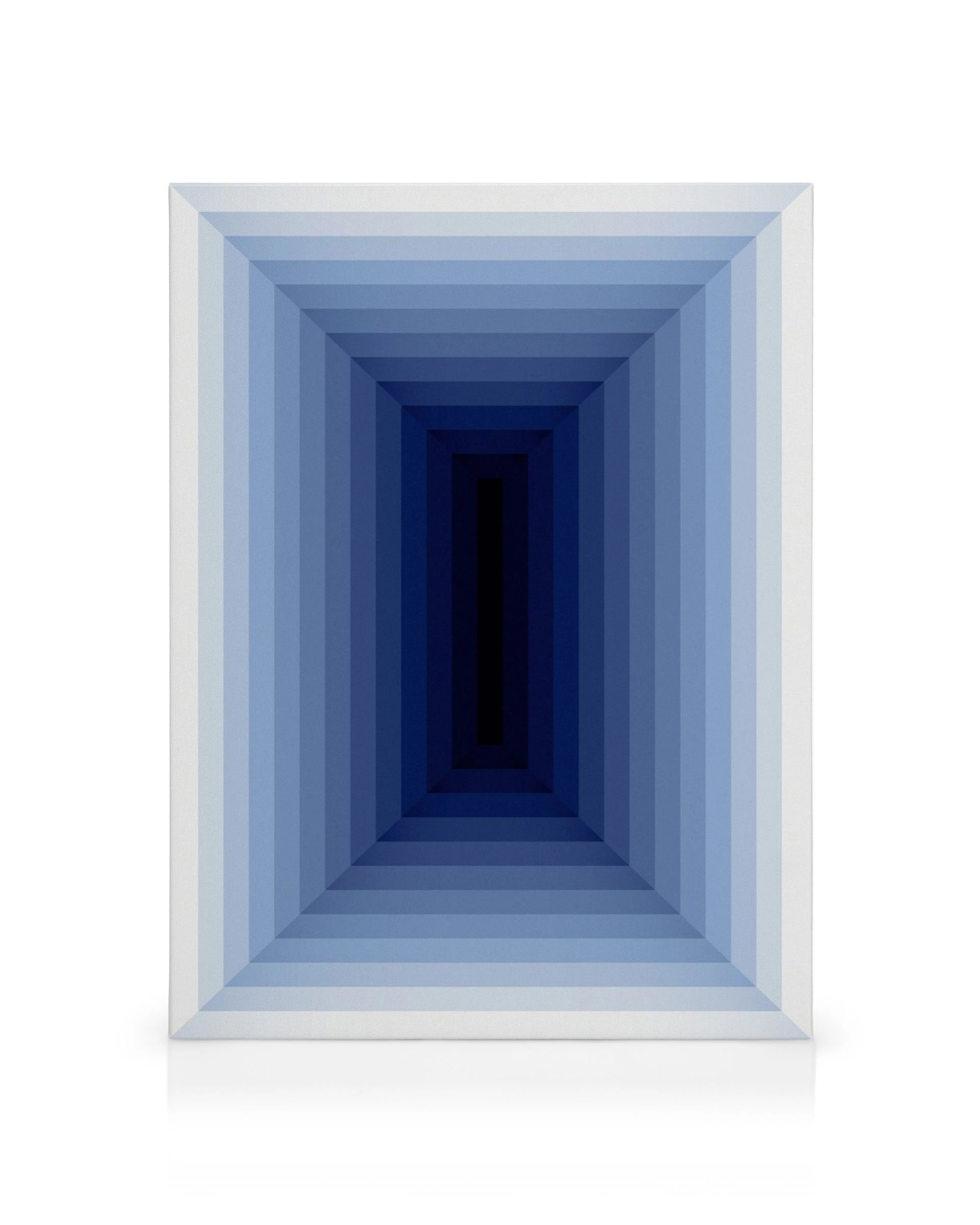 Lienzo con túnel 3D abstracto de rectángulos azules, degradado de claro a oscuro con efecto de perspectiva geométrica.