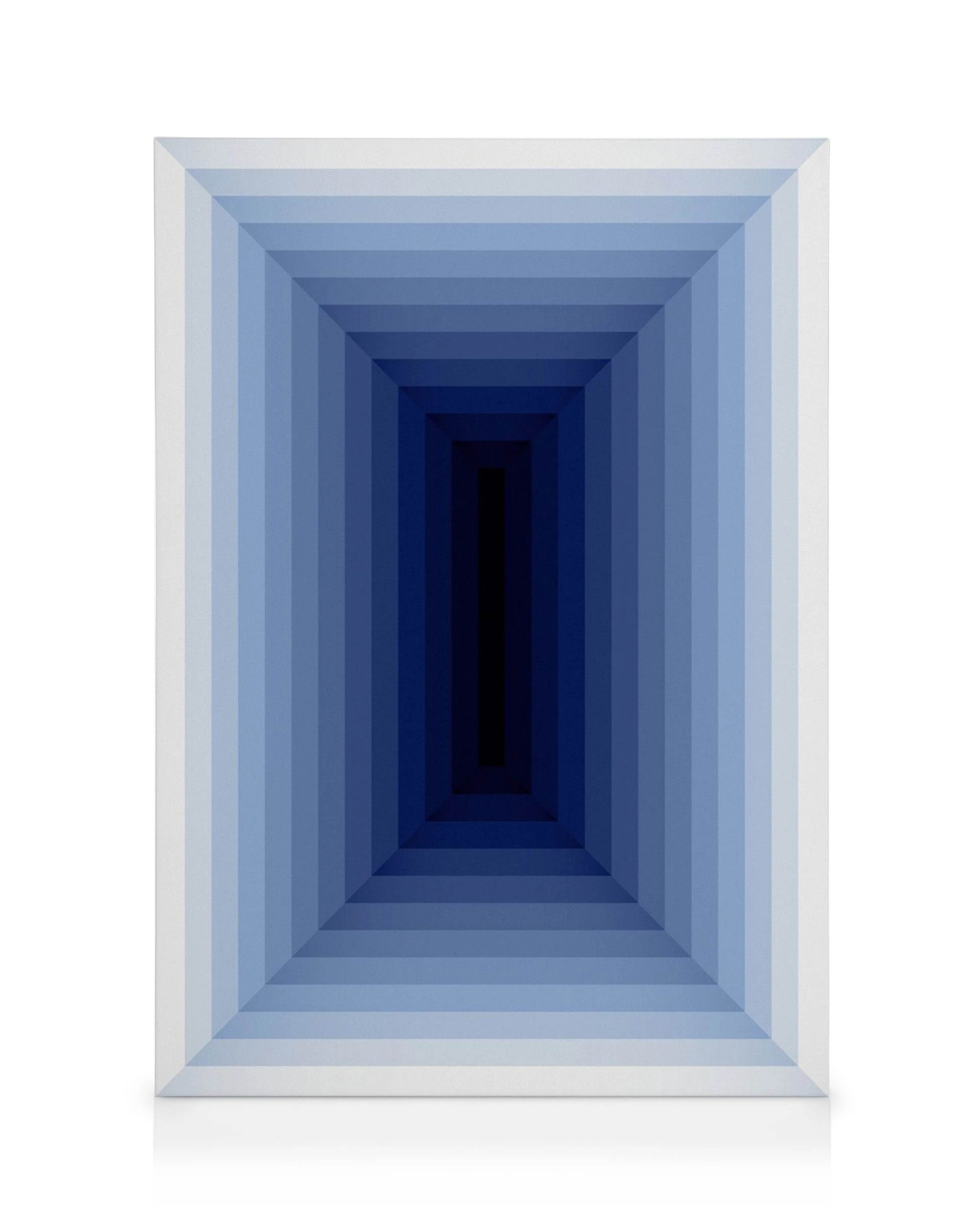 3D illustration of a blue tunnel-like structure with rectangular shapes and light to dark blue gradients, modern wall art.
