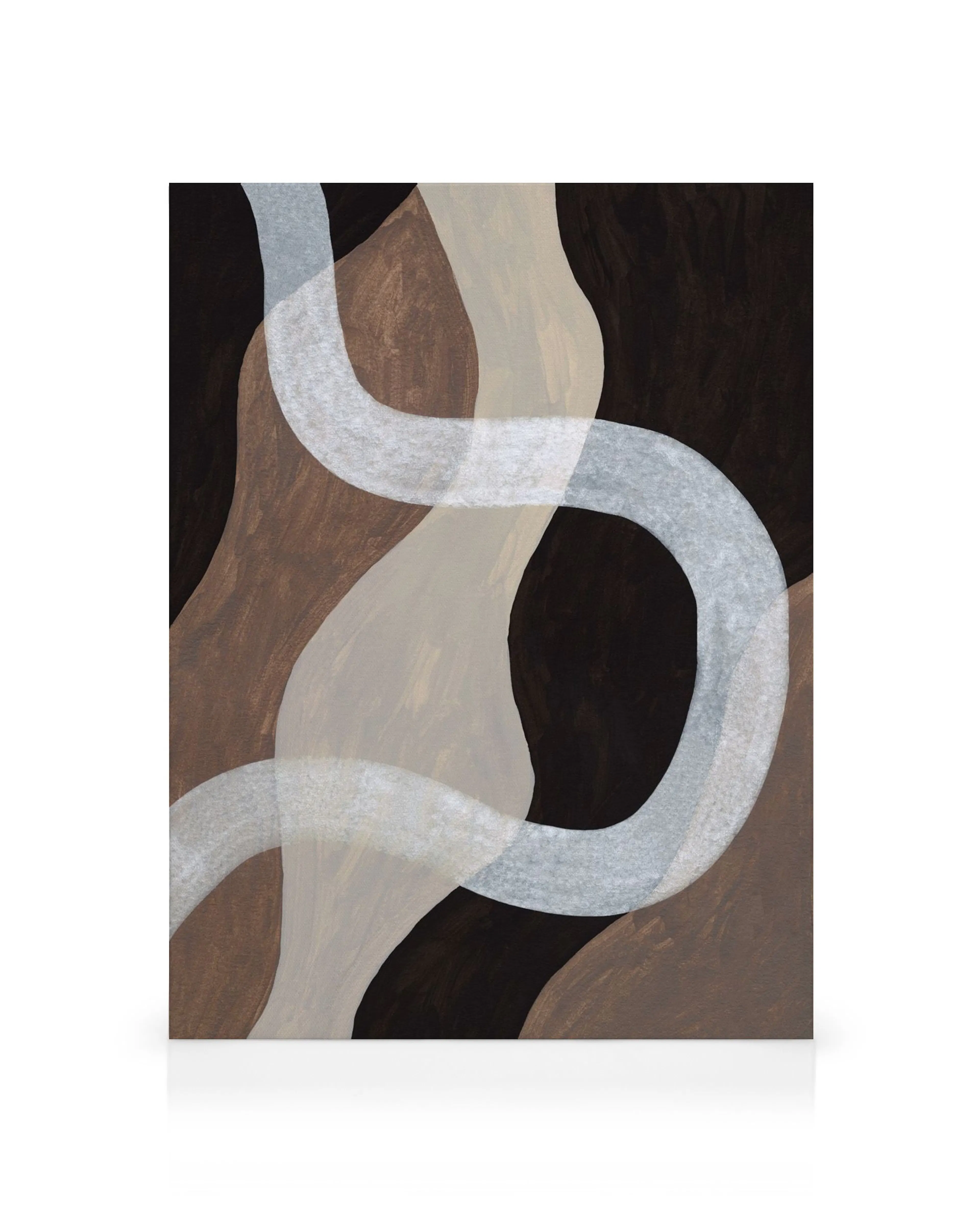 Abstract canvas met golvende patronen in bruin, grijs en wit op een donkerbruine achtergrond, gezellige wanddecoratie.