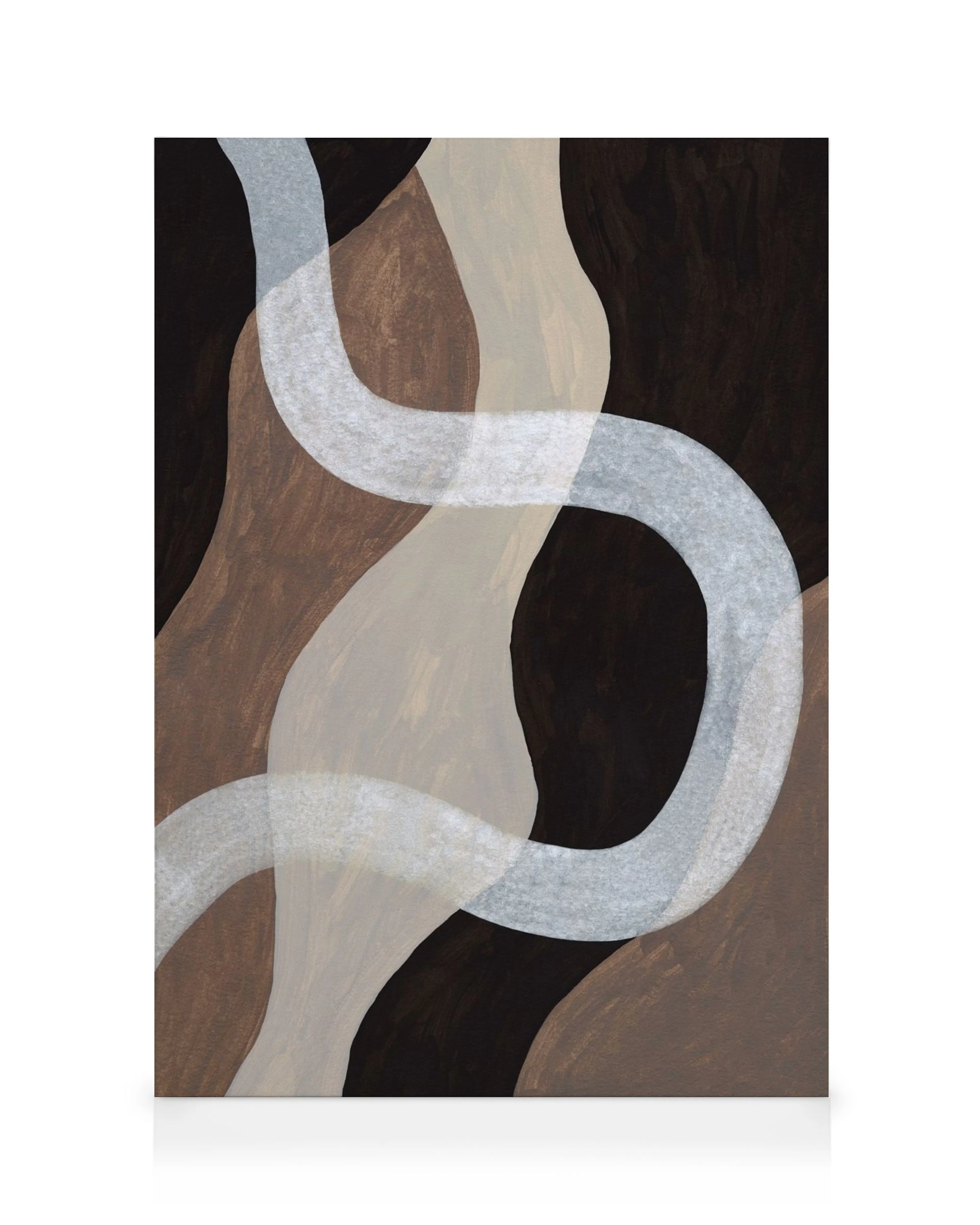 Toile abstraite marron foncé avec formes incurvées grises et marron, design moderne