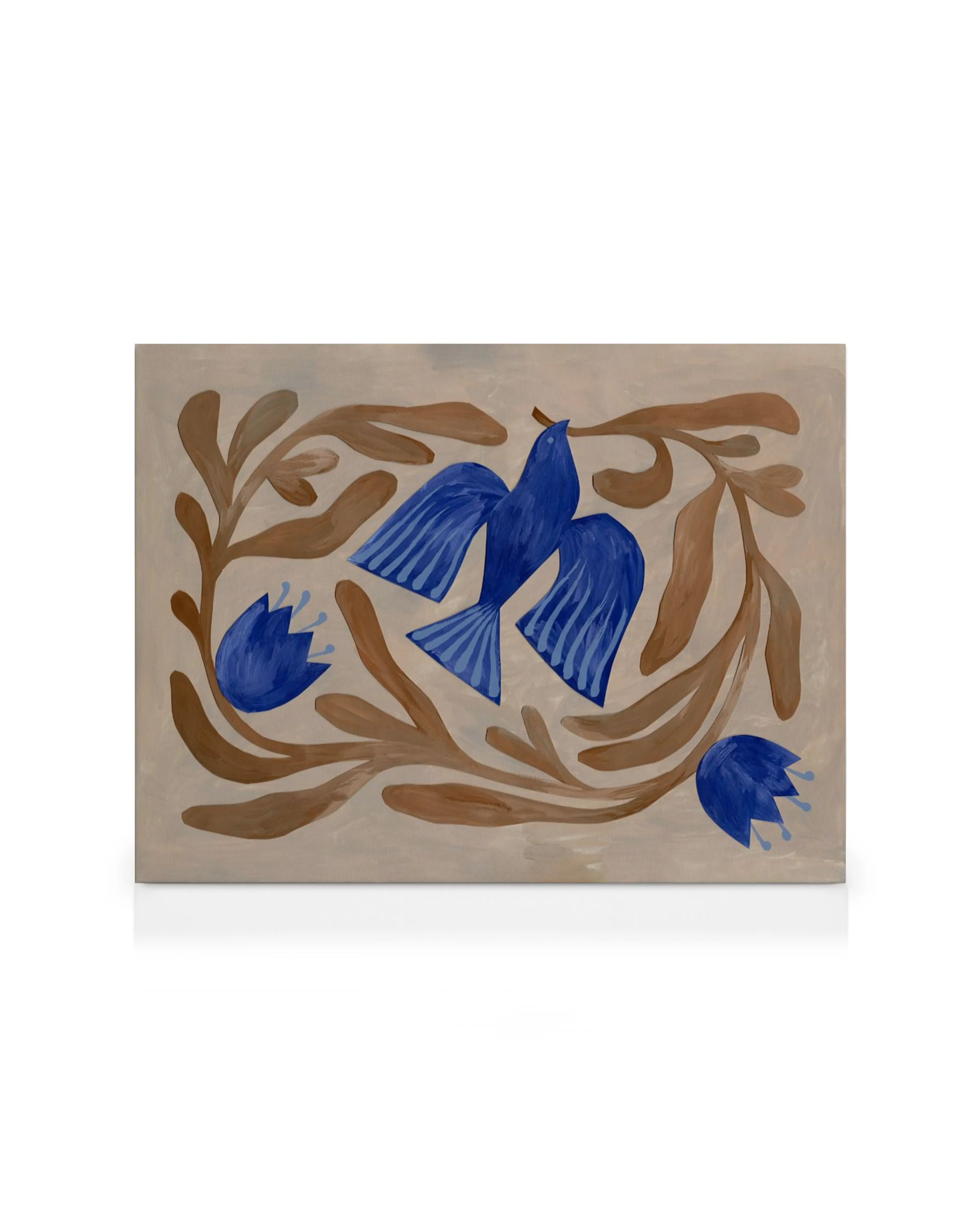 Abstract canvas print with brown branches and blue bird shapes on a beige background, perfect wall art.