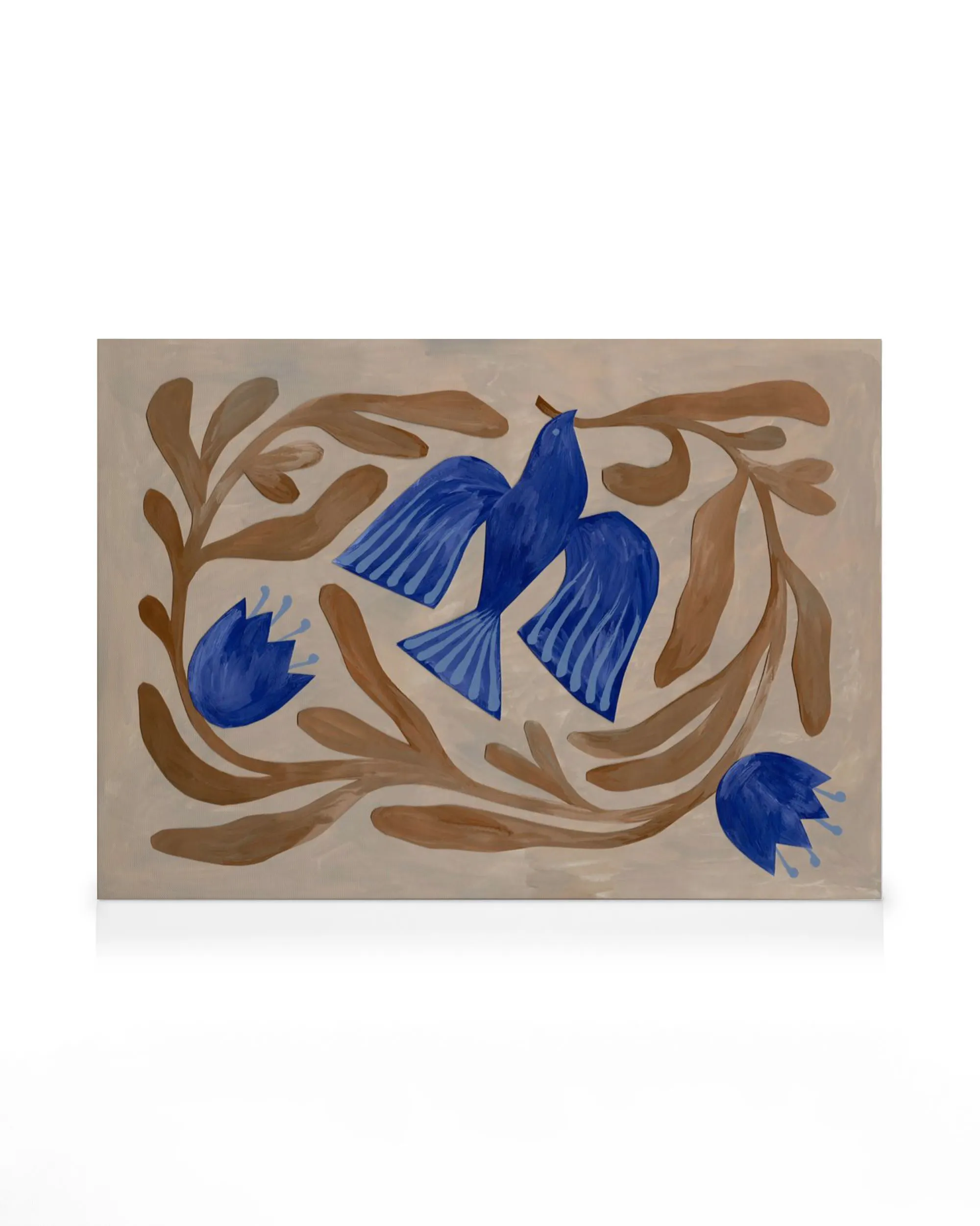 Abstract canvas print with brown branches and blue bird shapes on a beige background, perfect wall art.