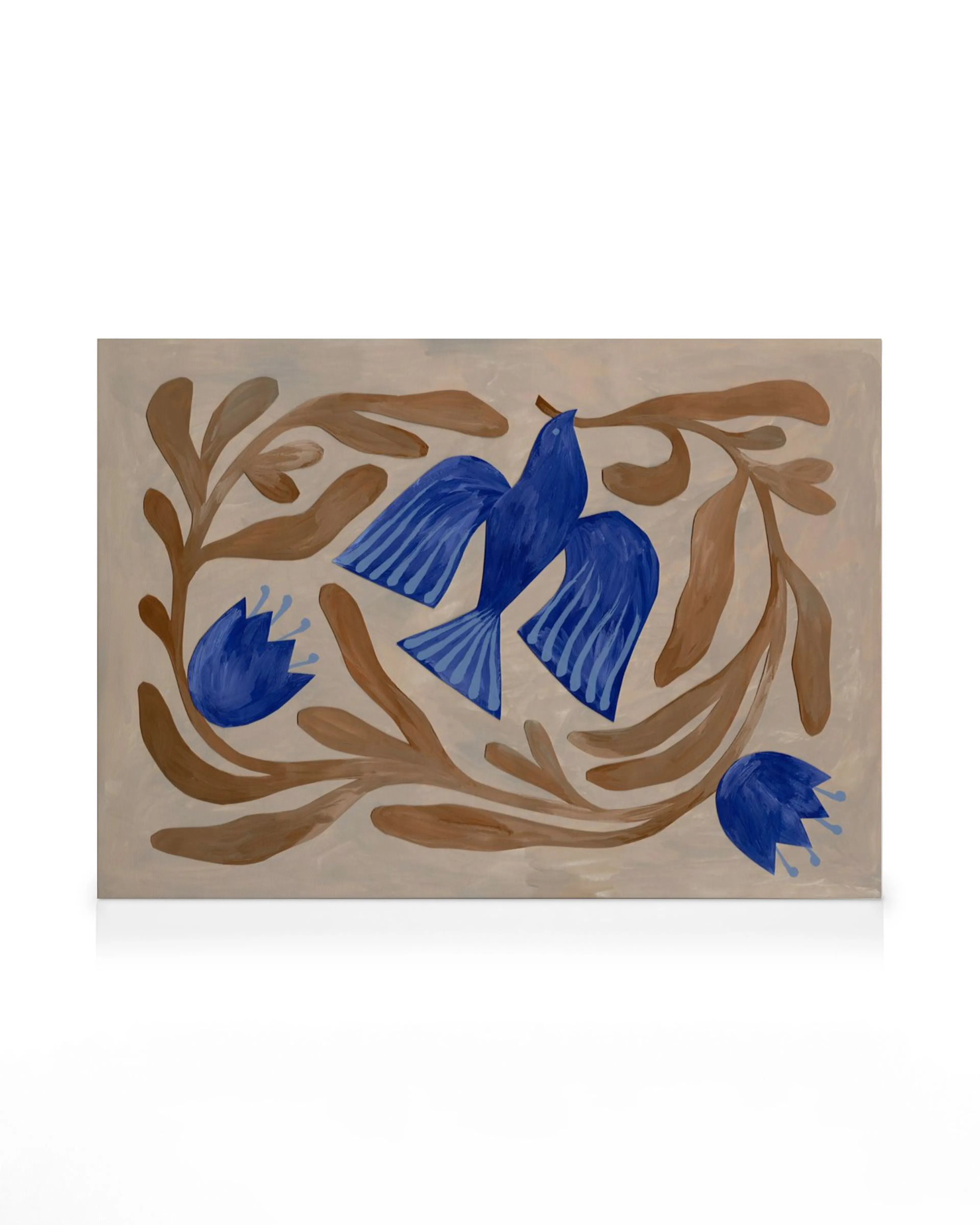 Abstract canvas print with brown branches and blue bird shapes on a beige background, perfect wall art.